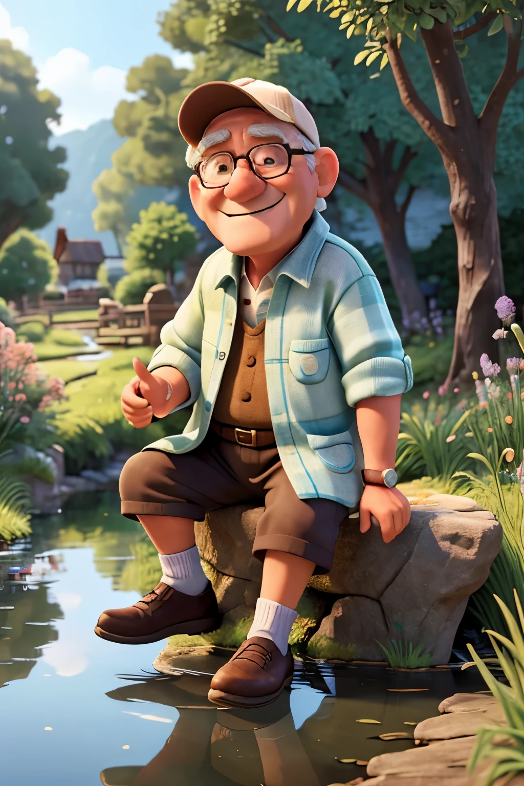 a 50-year-old joyful man fishing, dressed in casual clothing.He is sitting near a picturesque ditch. The scene should capture the essence of tranquility, warmth, and nostalgia, with vibrant colors and intricate details that evoke the magical atmosphere of a Studio Ghibli film