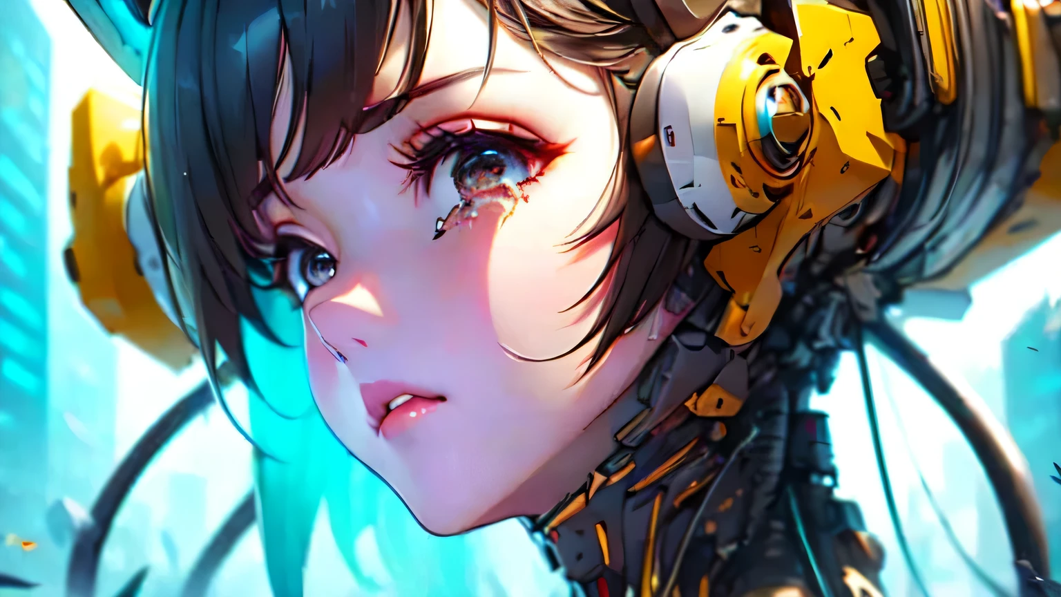 android woman。black hair。brown eyes。look straight at me。No expression。There are big tears on my cheeks。near future city。group of buildings。cyber punk。virtual reality。anime。
