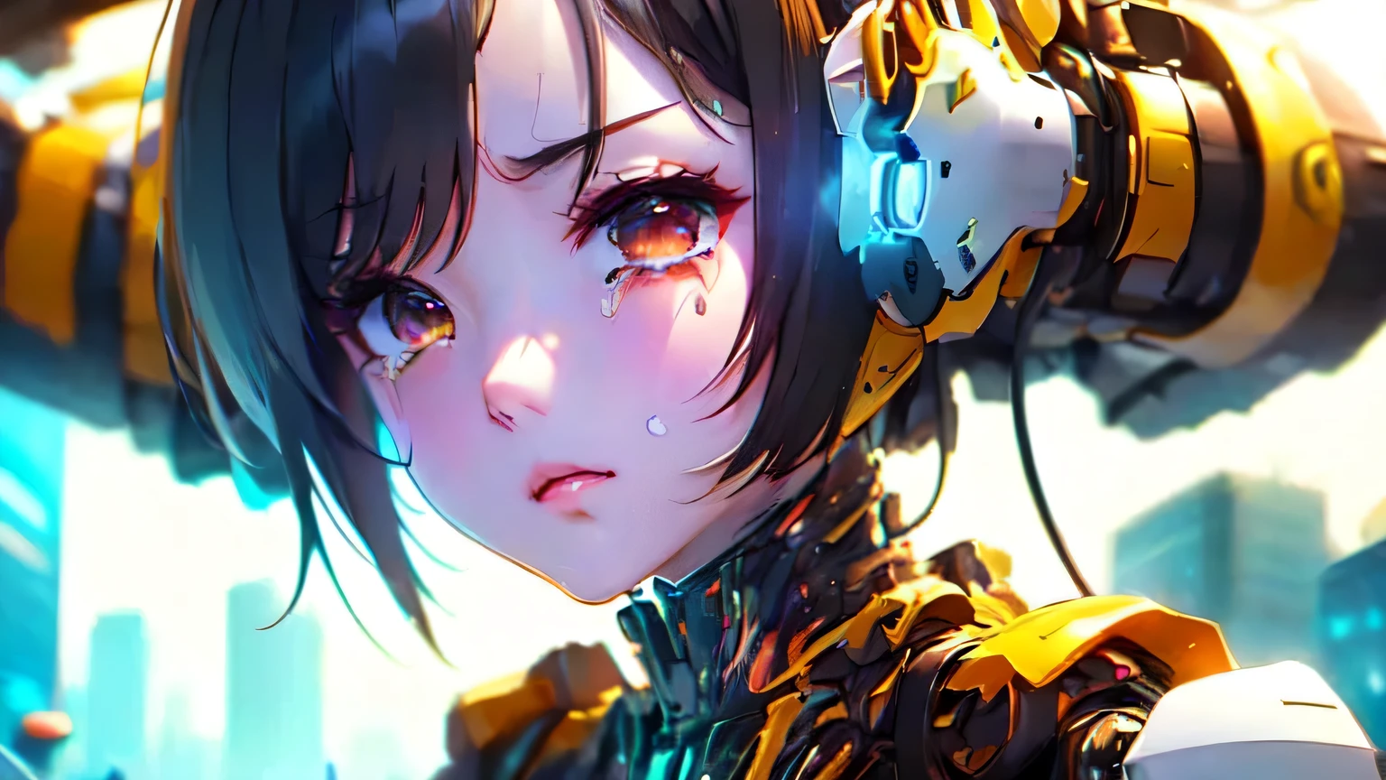 android woman。black hair。brown eyes。look straight at me。No expression。There are big tears on my cheeks。near future city。group of buildings。cyber punk。virtual reality。anime。
