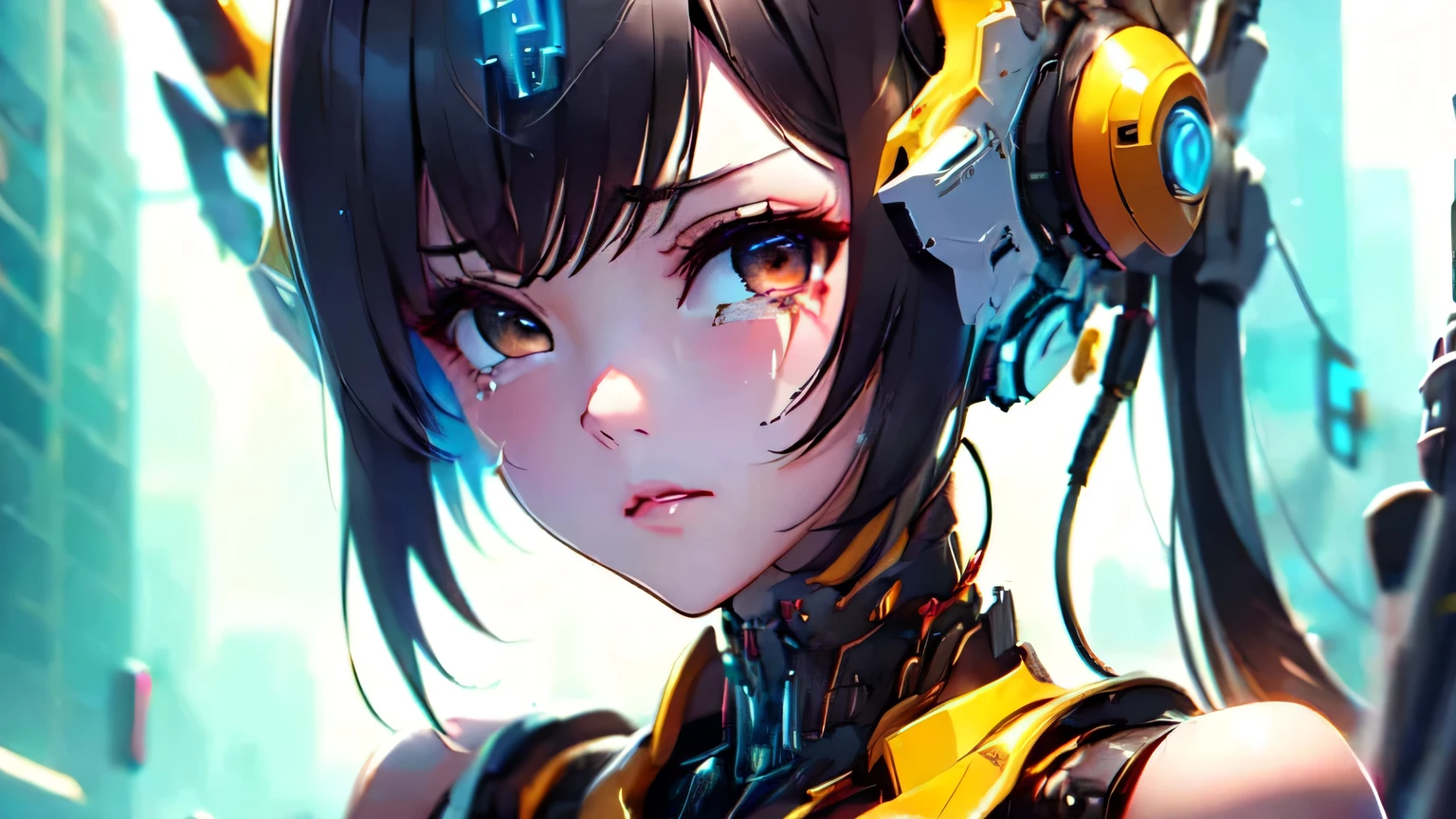 android woman。black hair。brown eyes。look straight at me。No expression。There are big tears on my cheeks。near future city。group of buildings。cyber punk。virtual reality。anime。
