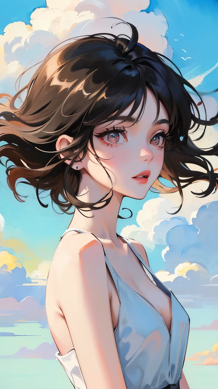 young girl black hair short hair red eyes irreverent face look down thin body thin thighs small breasts small ass toned body blue sky cloud hair blowing in the wind high quality High resolution 8K vampire watercolor natural feel bridge of the nose ((最high quality)), ((masterpiece)), (get used to it), dignified face grassland close up of face Beautiful as a goddess whole face lipstick eye shadow naked ID photo style long eyelashes Accurate No decoration Bare skin No accessories 8 life size can'I can' landscape painting creative landscape