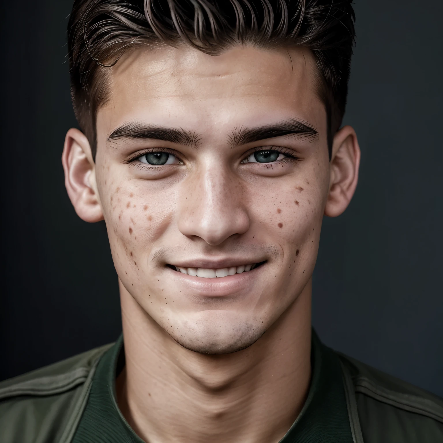 (mejor calidad, high resolution), a 20 year old man, rostro afilado, pecas, pelirojo, uniforme de escuela privada, rostro detallado, ojos verdes, labios sonriente, estilo realista, soft lighting, colores sutiles, sombras 