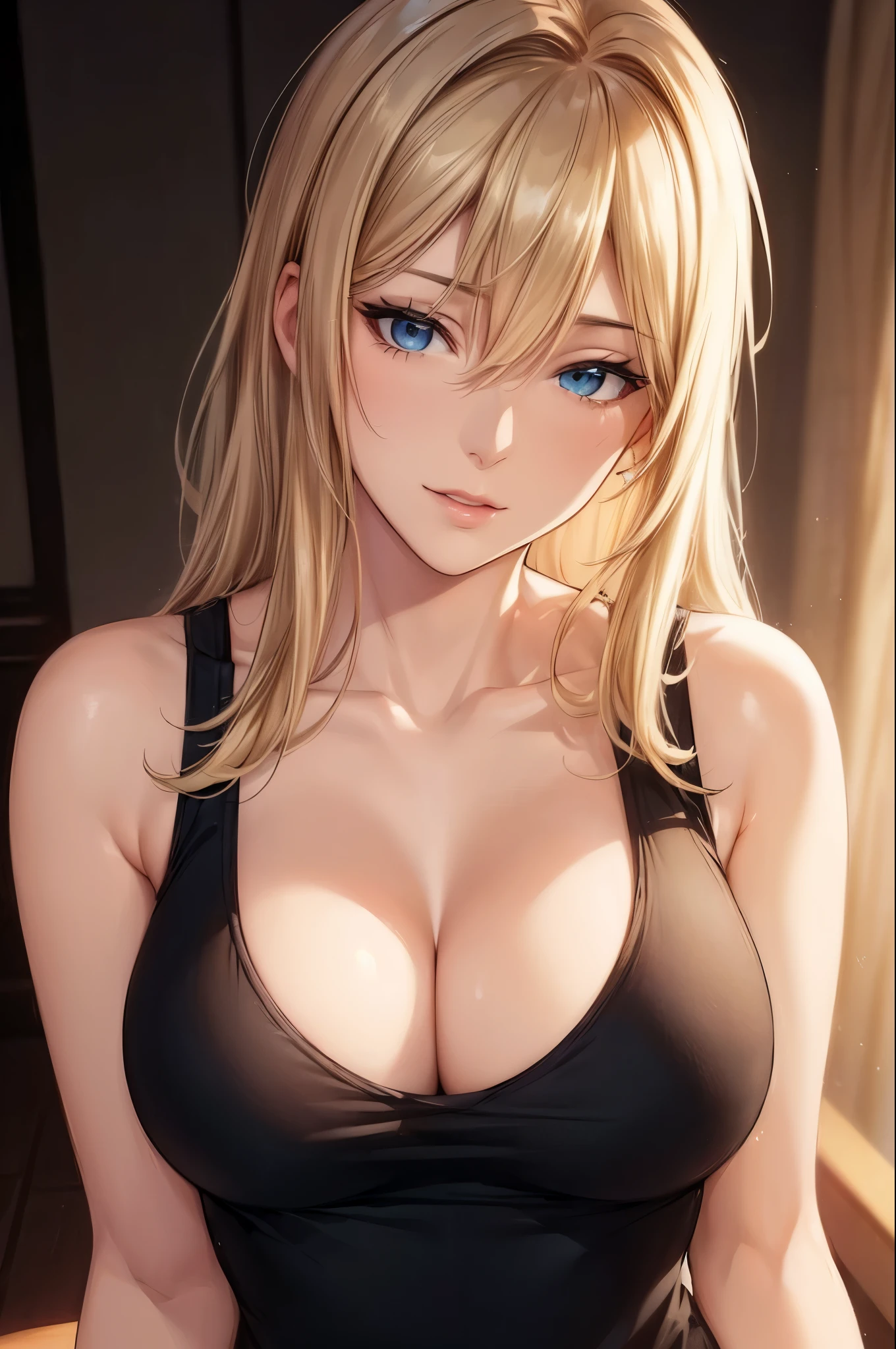 (best quality, highres, photorealistic), portrait, elegant mature woman, blue eyes, long hair, swept-side bang, blonde hair, see through tank top, big breast, ultra detailed cg 8k, beautiful cg, soft light