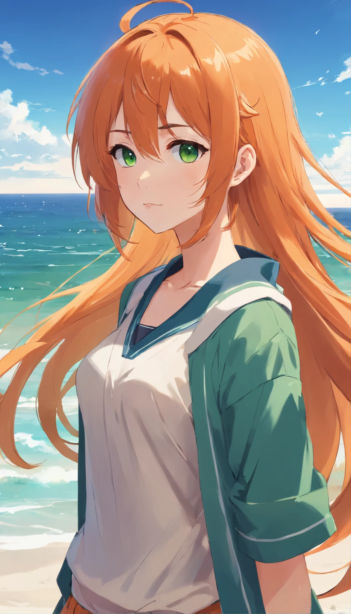Anime girl with long orange hair, standing on the beach near the ocean, green eyes detailed digital anime art, anime girl with long hair, гладкое аниме cg art, anime girl with long hair, digital anime art, work in Guweiz style, Beautiful anime portrait, Photorealistic render of an anime girl, Beautiful anime girl, advanced digital anime art, guweiz на artstation pixiv HD UHD HQ
