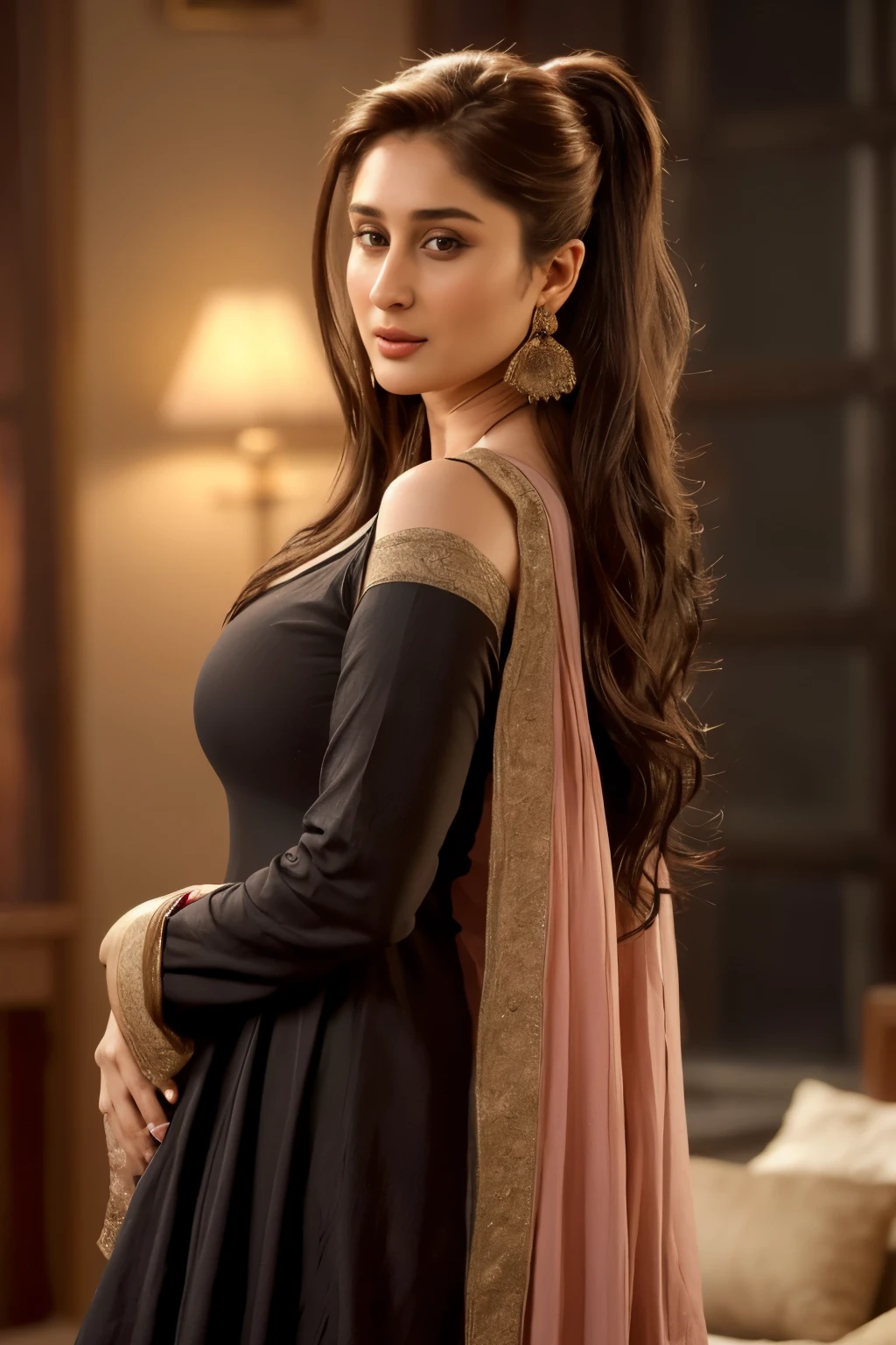 A realistic full body shot of a 26-year-old woman, with the asymmetrical features of Kareena Kapoor's visage, dons a deep neck salwar kurta that accentuates her voluptuous bust. Her expressive, full lips seem to carry a seductive allure, while her large ears gleam with a single earring. Her black, messy hair cascades down her shoulders, adding to her captivating appeal.
The clear complexion of her face shines under the dim lights, showcasing the high level of detailing. The scene is rendered using Unreal Engine, with a 16:9 aspect ratio, giving the image