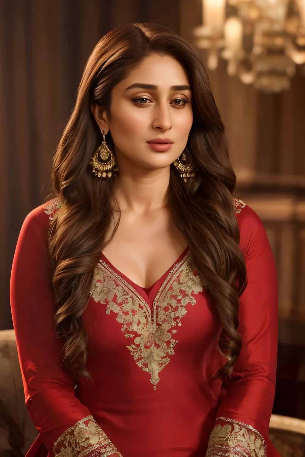 A realistic full body shot of a 26-year-old woman, with the asymmetrical features of Kareena Kapoor's visage, dons a deep neck salwar kurta that accentuates her voluptuous bust. Her expressive, full lips seem to carry a seductive allure, while her large ears gleam with a single earring. Her black, messy hair cascades down her shoulders, adding to her captivating appeal.
The clear complexion of her face shines under the dim lights, showcasing the high level of detailing. The scene is rendered using Unreal Engine, with a 16:9 aspect ratio, giving the image