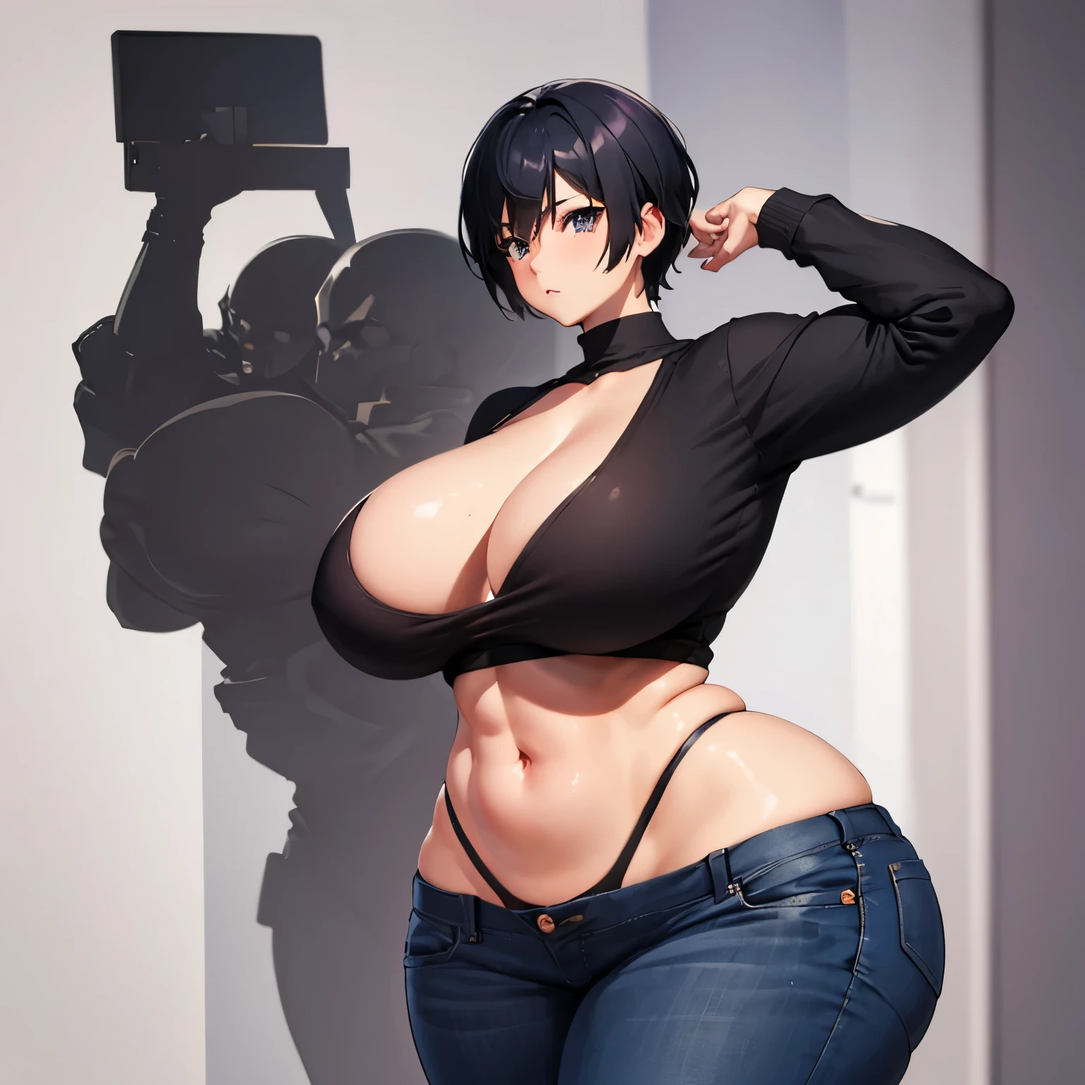 1girl,(masterpiece),simple background,best quality, Perfect Anatomy,(( huge breasts, curvy, huge wide hip)),Toned female,very short hair,black hair,((dark skinn)),purple shirt,jeans,