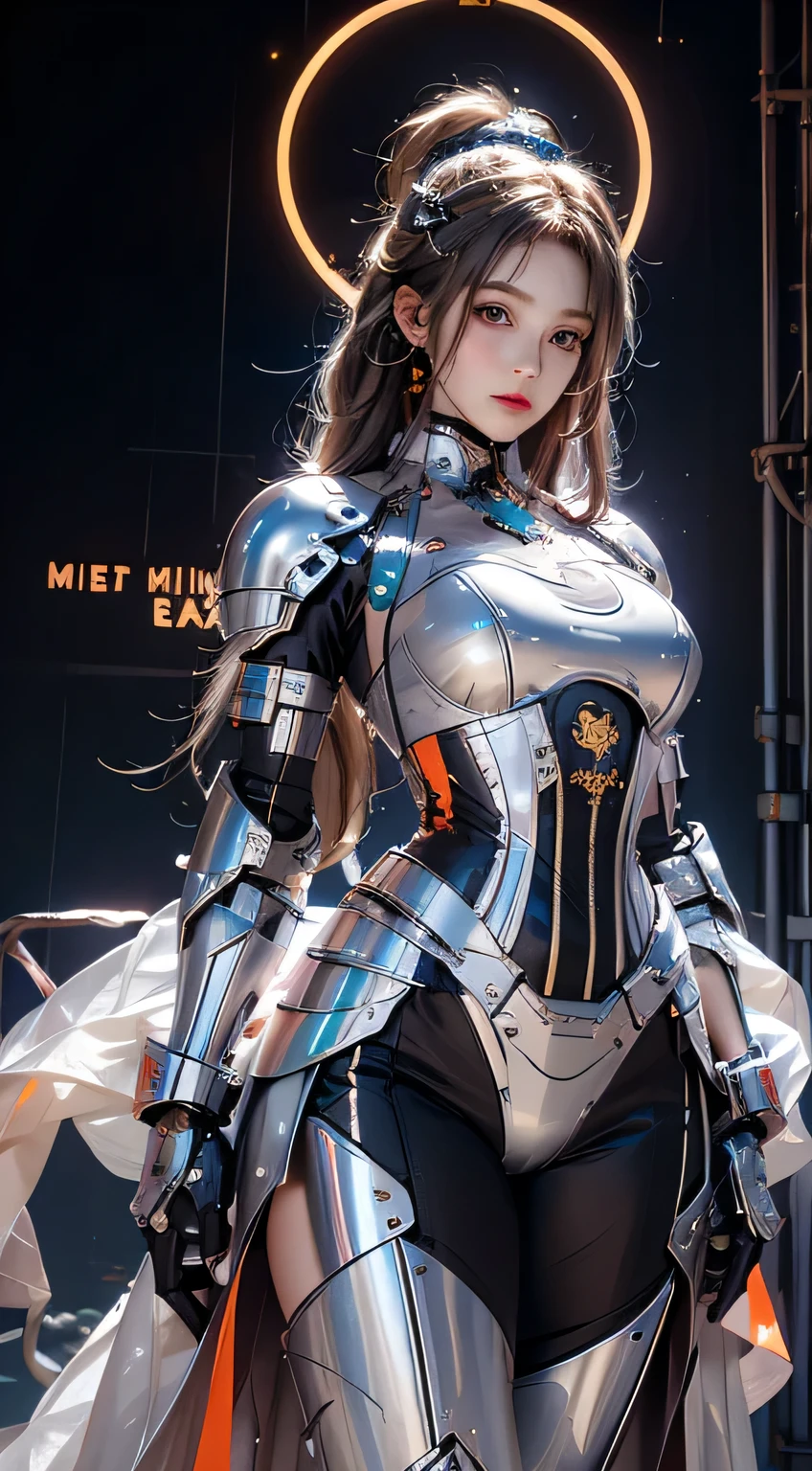 photorealistic, high resolution, 1femme, Femelle mature,visage indien typique, cheveux blancs, hips lifted, robot, méchamusume,Mechanical parts, articulations de robots,single mechanical arm, couvre-chef, Mechanical halo,Star Hello,Complex mechanical combination, mecha-corset, full armor, corps de mecha blanc et or , fond cyberpunk