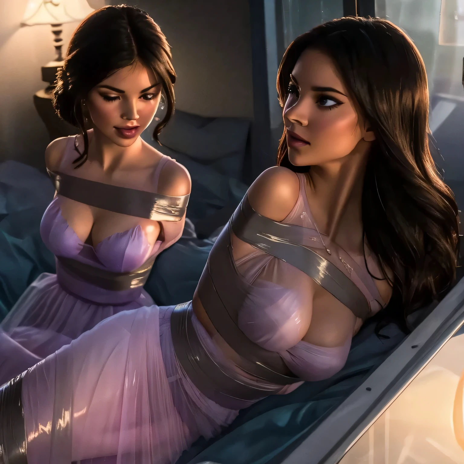 two girl kissing, síptured,(bright lighting,romantic setting),dreamy background,bondage,dark hair, mesmerizing gaze, , soft skin, alluring beauty, artistic portrait, high-quality image, vibrant colors,translucent silk wecdding dress, mosquito net,lying down,tape bondage