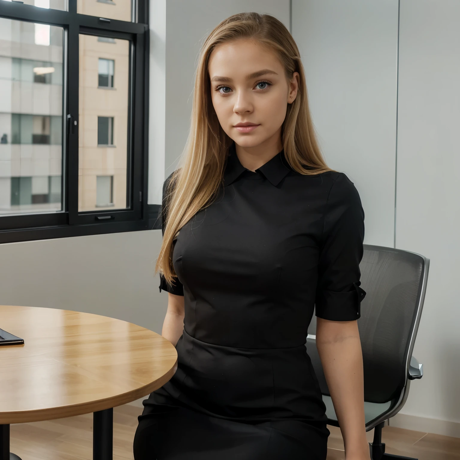 profissional, (Foto 4k:1.1), Alto detalhe, wearing black business dress, lindo rosto detalhado, hazel eyes, not too long blonde hair, formato corporal, office meeting room with table, windows front camera
