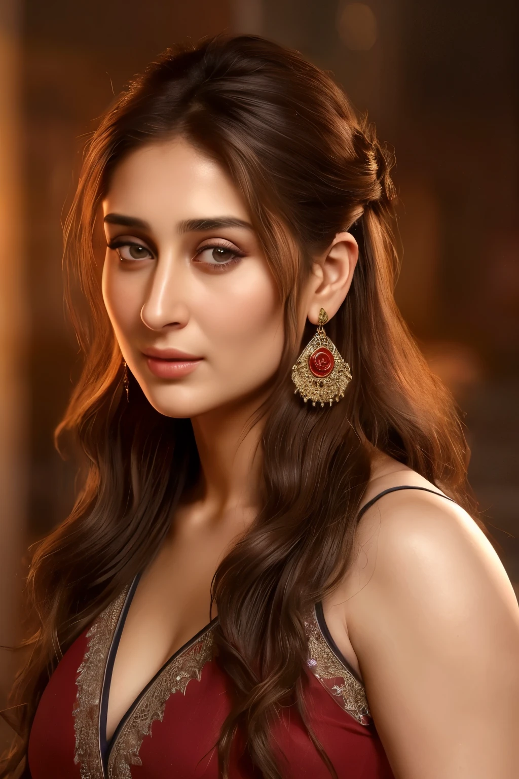 A realistic full body shot of a 26-year-old woman, with the asymmetrical features of Kareena Kapoor's visage, dons a deep neck salwar kurta that accentuates her voluptuous bust. Her expressive, full lips seem to carry a seductive allure, while her large ears gleam with a single earring. Her black, messy hair cascades down her shoulders, adding to her captivating appeal.
The clear complexion of her face shines under the dim lights, showcasing the high level of detailing. The scene is rendered using Unreal Engine, with a 16:9 aspect ratio, giving the image