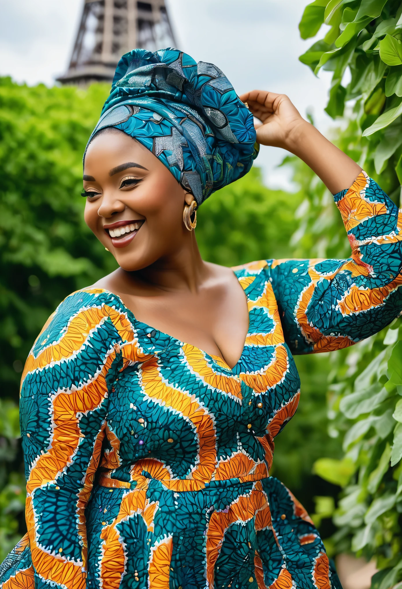 Imagine this: A radiant young woman with a beautiful, curvaceous figure, confidently embracing her body in a stunning traditional Nigerian gele (headwrap) that frames her glowing face. Her attire, a flowing Ankara print dress, accentuates her curves with vibrant colors and intricate patterns, celebrating her cultural heritage and individuality. Against a backdrop of lush greenery near the iconic Eiffel Tower in Paris, France, she stands tall and proud, her smile shining brightly, inspiring others to love themselves unconditionally. Share with us a moment when you embraced your unique beauty. 💖✨ #BodyPositivity #LoveYourCurves #CelebrateYourself"