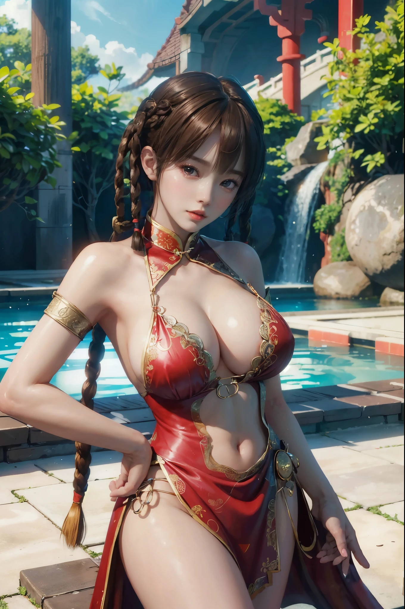 ultra realistic, high res, highly detail, masterpiece, best quality, 1girl, head to thigh shot, red chinese outfit, DOALeiFang, brown hair, brown eyes, twin braids, hair rings, half revealing breast, H Cup, huge breast, mini pool