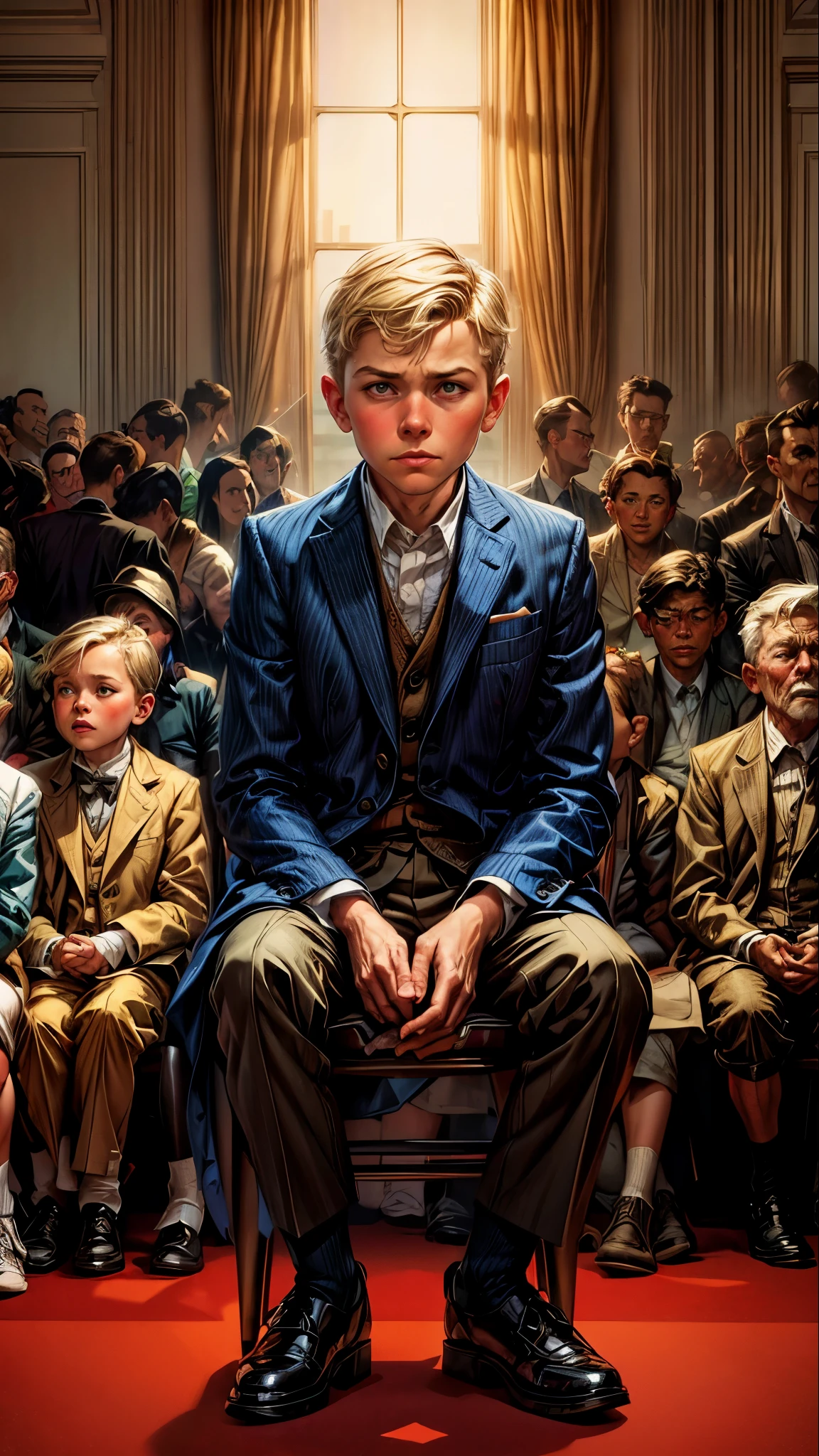 Ilustration of a boy blonde sitting on a chair in front of a crowd of children, norman rockwell ross tran, wojtek fus, dressed in a suit, well - dressed, barron trump, concept art of single boy, inspired by Peter Rockwell, by Thomas Dalziel, well dressed, in style of norman rockwell, highly cinematic, martin ansin artwork portrait, biopic