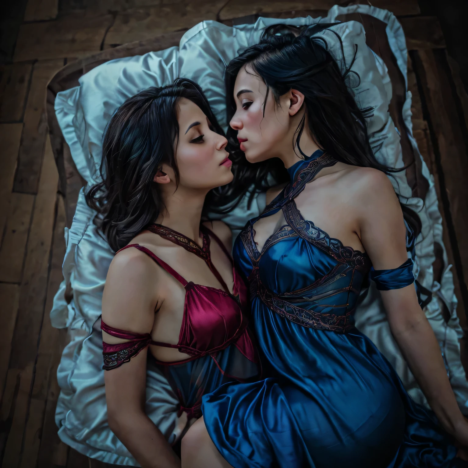 two girl kissing,,(bright lighting,romantic setting),dreamy background,,dark hair, mesmerizing gaze, , soft skin, alluring beauty, artistic portrait, high-quality image, vibrant colors,translucent long silk gown, mosquito net, lying down, romantic bedroom,bondage 