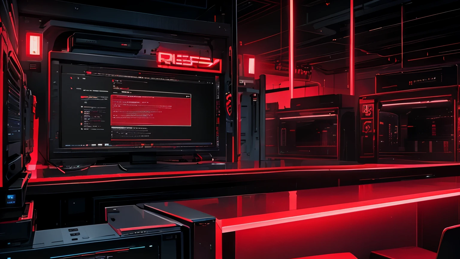 text "BSRU" on mainbord, Computer Science with text "BSRU" blackground , Scifi, Dark fantasy style, Red neon, dark tone, hardware,