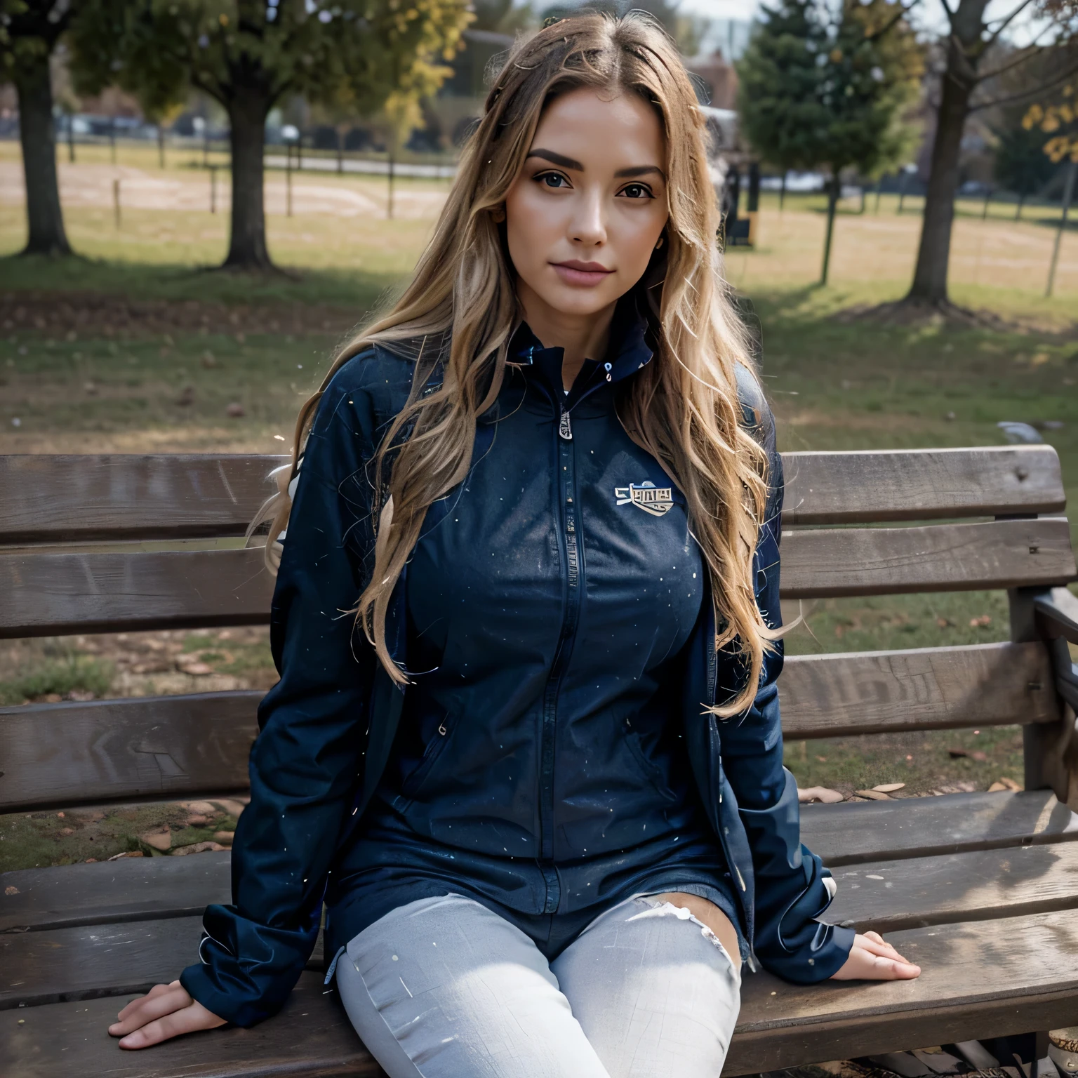 ((1girl in, age19, Solo, Long wavy blond hair, messy wind blown hair, blondehair, (dark blue eyes), Colossal tits, full body shot, (textured skin, skin pores:1.1))), imperfect skin, goosebumps, in a town park, wood bench, snowy mountains, (extremely detailed 8k wallpaper), soft lighting, high quality, film grain, Fujifilm XT3 sharp focus, f 2.6, 135mm, High Detail, Sharp focus,(natural light), (seductive), Realistic, ultra realistic, photo realistic, crazy details, complex details, hyper detailed, (black winter jacket: 1.2), fuzzy jacket lining, white leggings, better eyes shape, not nsfw, better eyes shape, very blue eyes, shining eyes
