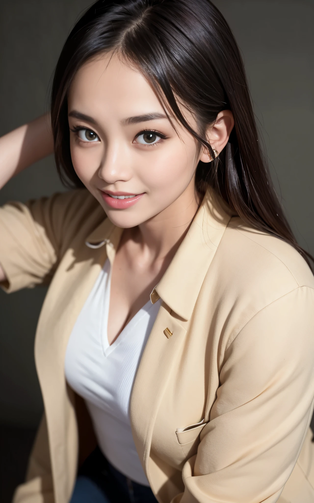 highest quality, figure, super detailed, finely, High resolution, 8k wallpaper, 完璧なダイナミックな構figure, beautiful skin, (big eyes), 20 year old beautiful girl, natural color lip, (sexy pose), mid chest, smile, Highly detailed face and skin texture, Detailed eyes, Double eyelid,leaking teeth and laughing, close-up, from above, medium black hair, (beige jacket), (shirt:1.2), night view