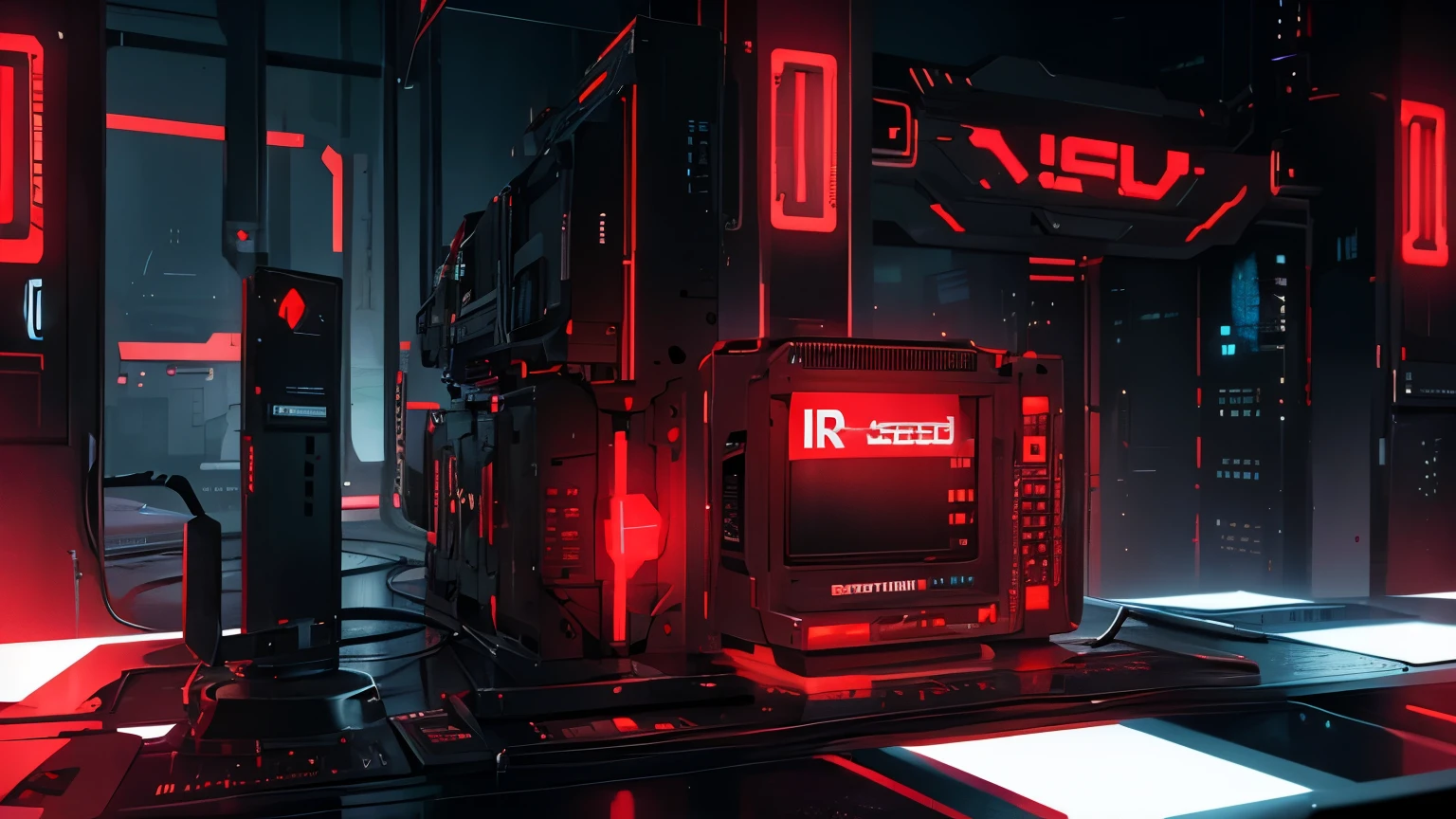 text "BSRU" on mainbord, Computer Science with text "BSRU" blackground , Scifi, Dark fantasy style, Red neon, dark tone, hardware,