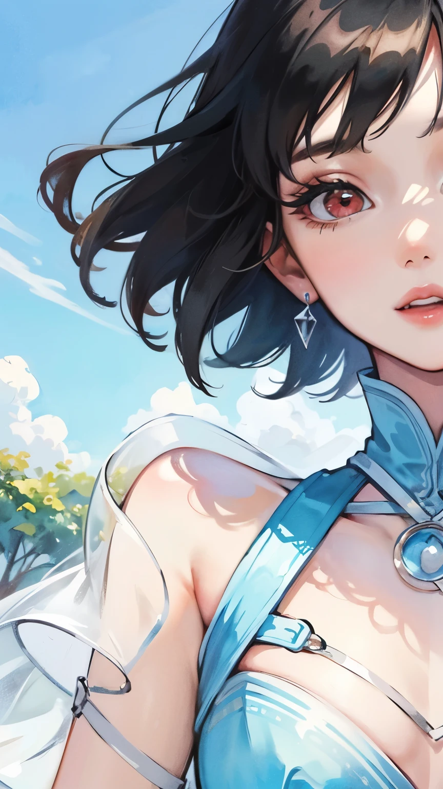 young girl black hair short hair red eyes irreverent face look down thin body thin thighs small breasts small ass toned body blue sky cloud hair blowing in the wind high quality High resolution 8k vampire watercolor natural feel bridge of the nose ((最high quality)), ((masterpiece)), (get used to it), dignified face grassland close up of face Beautiful as a goddess whole face lipstick eye shadow naked ID photo style long eyelashes Accurate No decoration Bare skin No accessories In underwear 8 life size can'I can' landscape painting See-through Creative Princess Peach