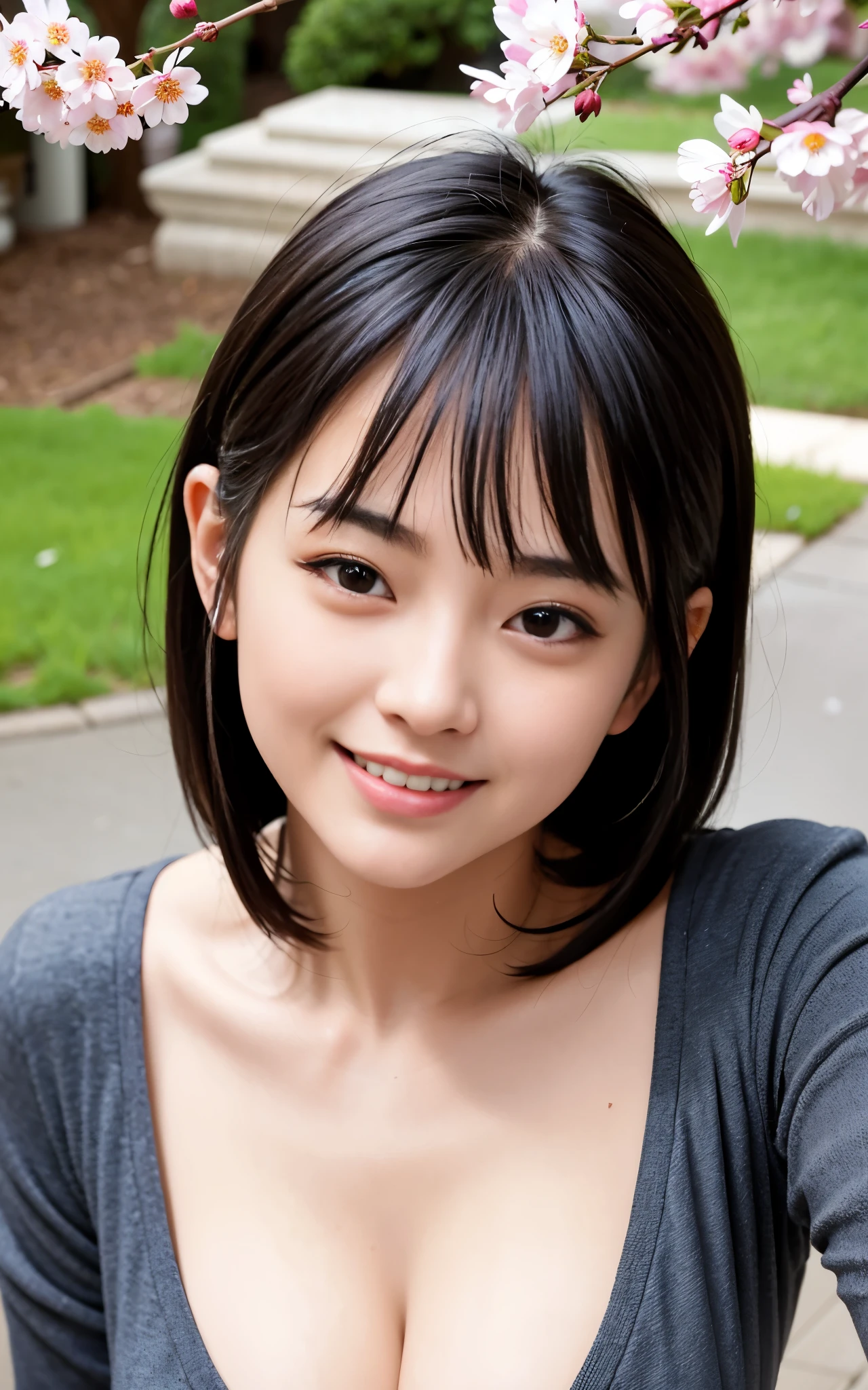 highest quality, figure, super detailed, finely, High resolution, 8k wallpaper, 完璧なダイナミックな構figure, beautiful skin, (big eyes), 20 year old beautiful girl, natural color lip, (sexy pose), mid chest, smile, Highly detailed face and skin texture, Detailed eyes, Double eyelid,leaking teeth and laughing, close-up, from above, black bob hair, (gray suit), (blouse:1.2), cherry blossoms