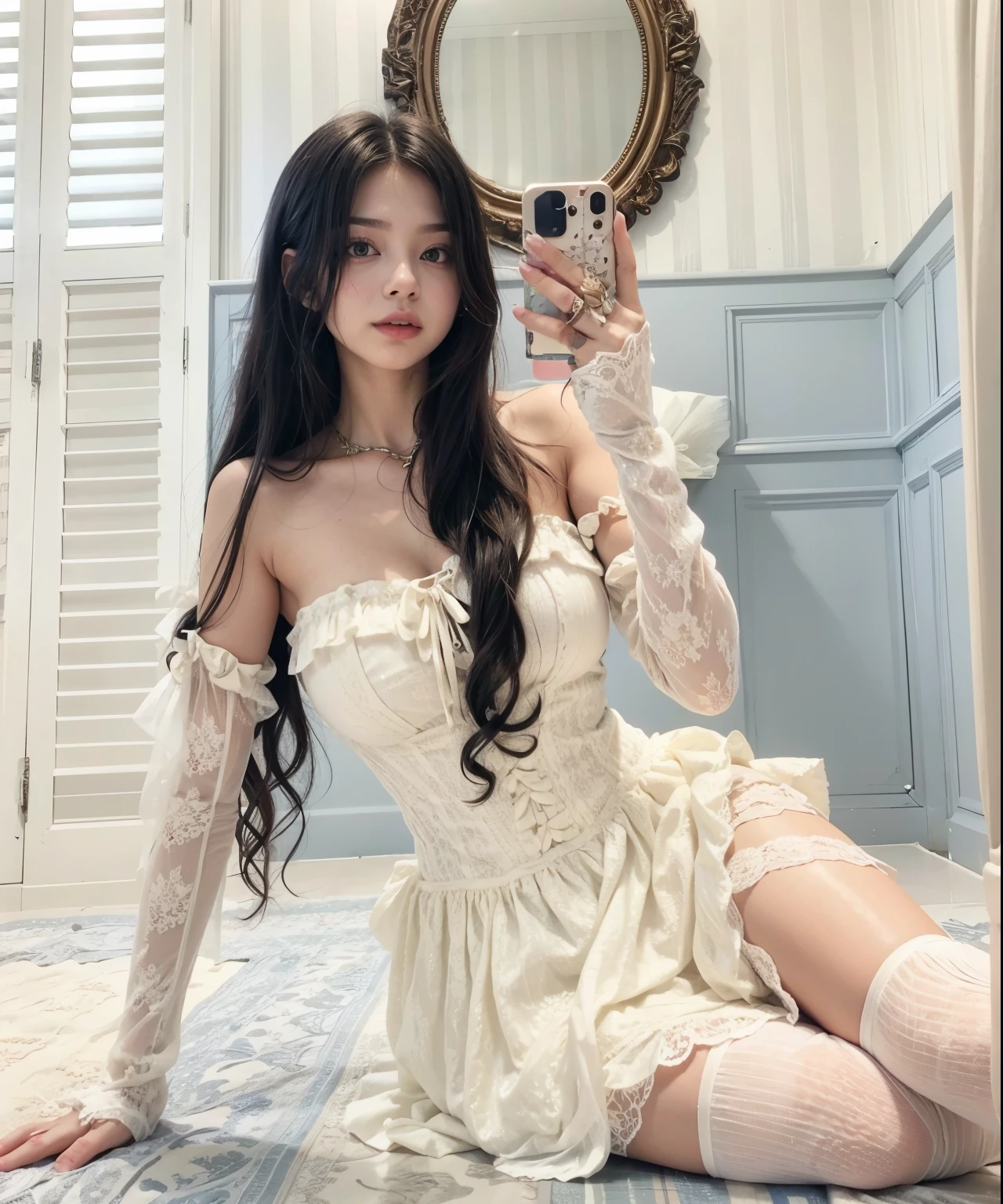Jennue sitting on the floor taking a photo of herself, elegant espartilho, boneca articulada, jennie, espartilho, wearing espartilho, ivory rococo, Roupa com babados, non-rococo style dress, Roupa de fantasia, fairy core, roupas de bruxaria, vestido com babados ((renda)), victorian gothic jennie fashion, traje estilo jennie