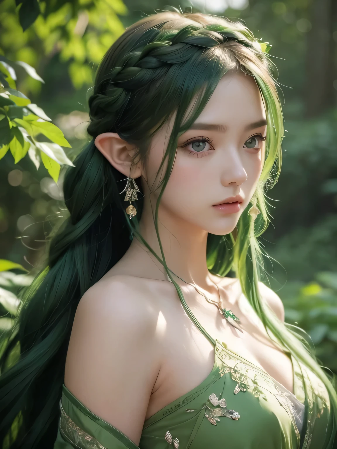 A fascinating and mysterious sorcerer emerges from the depths of a magical forest.., wears elaborate robes woven with intricate mystical symbols. dense tree々々Soft sunlight shines in, A mysterious appearance that emits a fascinating glow. 彼女の目は古generationの知恵と魔法で輝いています, Delicate ivy vines and bright flowers々々Intertwined with her flowing hair. in the background, Inhabited by mythical creatures and forest spirits,clavicle、earrings、necklace、emerald green hair、green eyes、 1 girl, delicate eyes, double eyelid,, necklace、close up of face、close up of face、20generation、all green hair、green eyes、close up of face、elf ears、serious expression、eyes as big as possible'I don't see their white people.、Brown headband、small multiple braids、