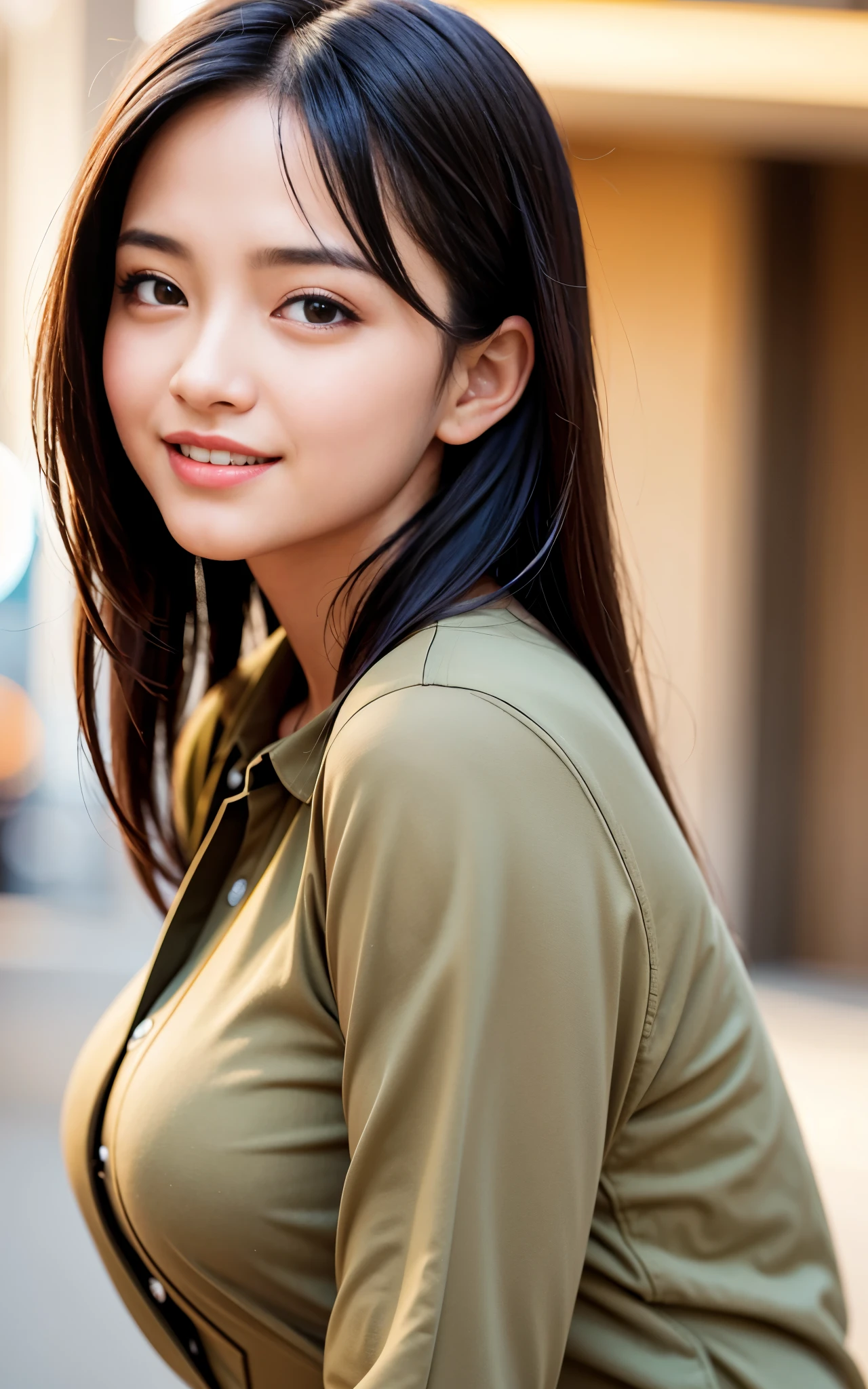 highest quality, figure, super detailed, finely, High resolution, 8k wallpaper, 完璧なダイナミックな構figure, beautiful skin, (big eyes), 20 year old beautiful girl, natural color lip, (sexy pose), mid chest, smile, Highly detailed face and skin texture, Detailed eyes, Double eyelid,leaking teeth and laughing, close-up, from side, long black hair, (khaki blouse:1.2), In town