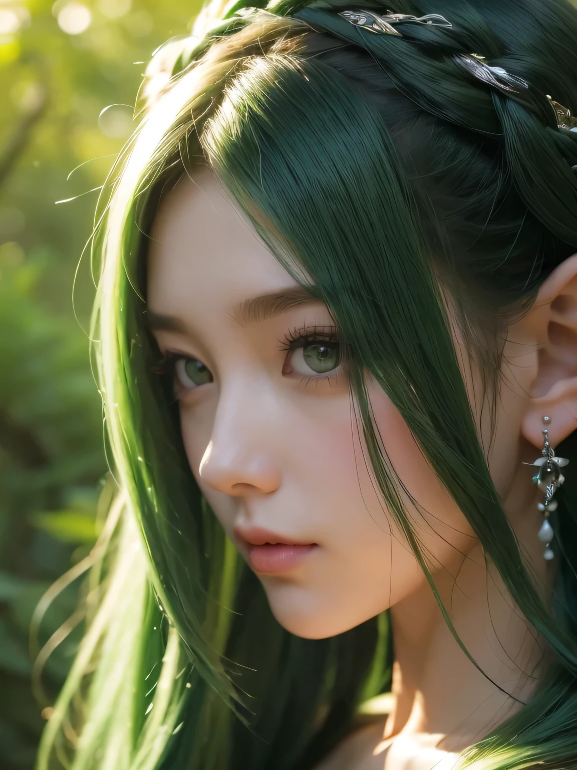 A fascinating and mysterious sorcerer emerges from the depths of a magical forest.., wears elaborate robes woven with intricate mystical symbols. dense tree々々Soft sunlight shines in, A mysterious appearance that emits a fascinating glow. 彼女の目は古generationの知恵と魔法で輝いています, Delicate ivy vines and bright flowers々々Intertwined with her flowing hair. in the background, Inhabited by mythical creatures and forest spirits,clavicle、earrings、necklace、emerald green hair、green eyes、 1 girl, delicate eyes, double eyelid,, necklace、close up of face、close up of face、20generation、all green hair、green eyes、close up of face、elf ears、serious expression、eyes as big as possible'I don't see their white people.、Brown headband、small multiple braids、different angles、