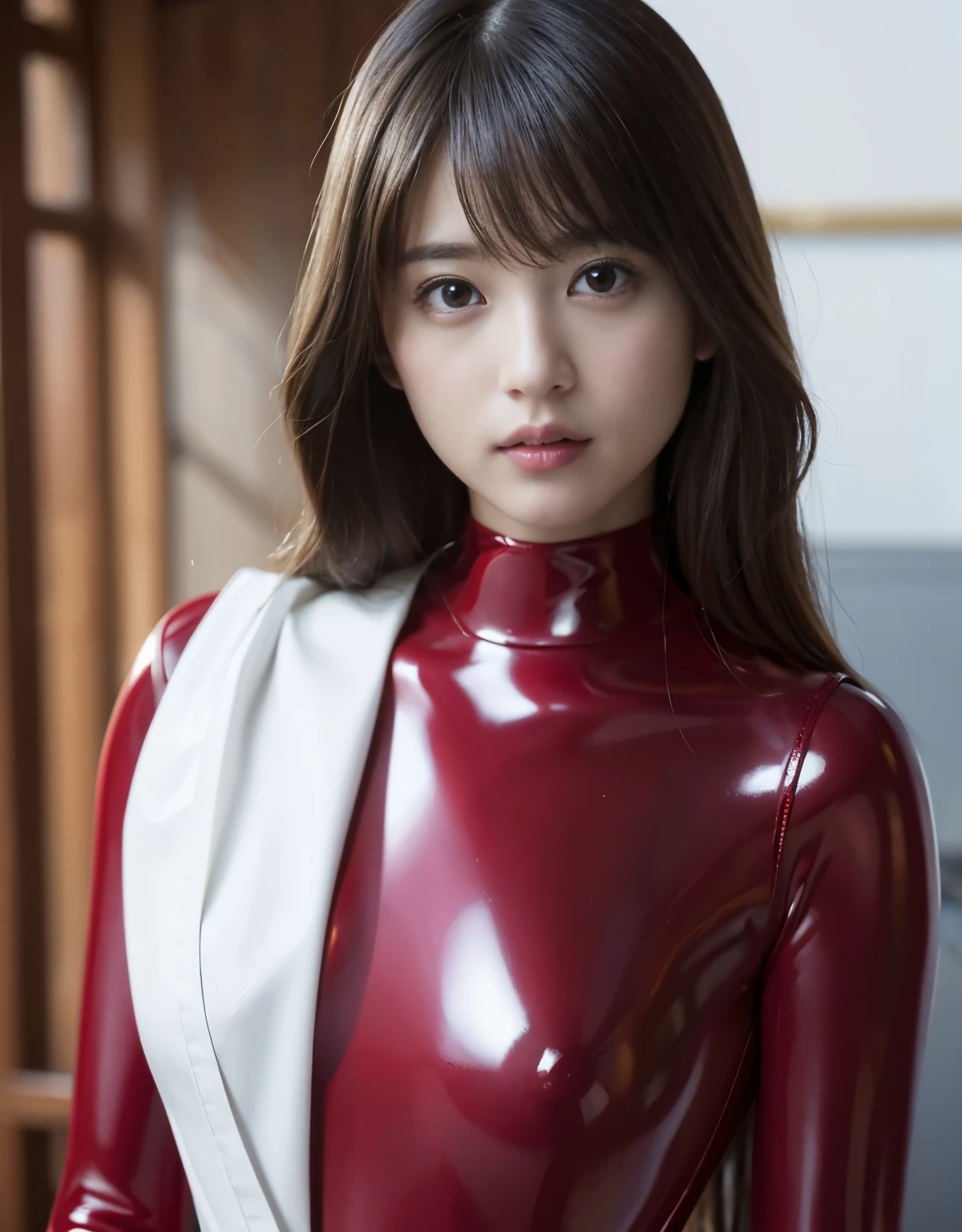 (1 girl)、highest quality、masterpiece、超A high resolution、(Photoreal:1.4)、Raw photo、1 girl、(Super shiny bright red latex full bodysuit:1.3)、(rubber gloves)、Portrait、global illumination、Shadow、octane rendering、8K、super sharp、Metal、intricate decorative details、Japan details、very intricate details、Close-up、realistic light、(mysterious look),CG Society Trends、shining eyes、towards the camera、Small LED、two stock、