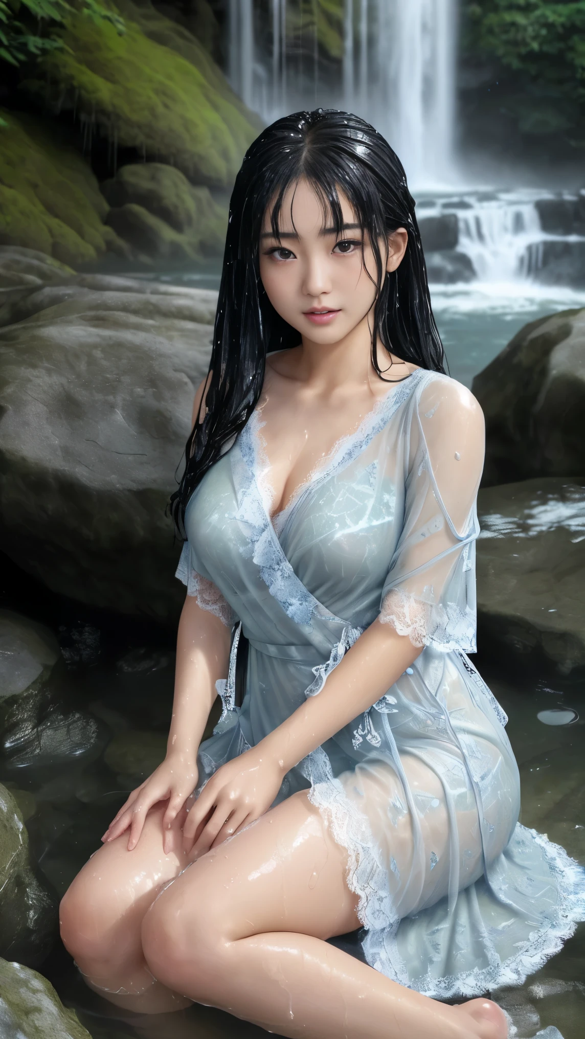 最high quality、high quality、best image quality、8K、最High resolution、High resolution、最high quality、masterpiece、Raw photo、whole body写真、Realistic human body in every detail、Realistic skin in every detail、Realistic face in every detail、Realistic eyes down to the details、Realistic lips in every detail、Realistic teeth in every detail、Realistic ears down to the last detail、Realistic hair down to the last detail、Realistic arms down to the last detail、Realistic reproduction of every detail、Realistic fingers in every detail、(fine hands、thumb1reference4)、Realistic feet in every detail、Realistic feet in every detail、Realistic breasts down to the last detail、((beautiful japanese girl))、(japanese model), (japanese woman)、((18 year old beautiful girl))、(black hair)、(straight hair)、((whole body))、((beautiful upturned chest))、(stylish slim style)、(whole body光沢肌、Fair skin)、Detailed and realistic human body、detailed realistic skin、detailed realistic face、detailed realistic arms、detailed realistic fingers、Detailed realistic feet、detailed realistic breasts、soft natural light、jungle with waterfall、waterfalls of different heights、big waterfall、waterfall with force of water、((Sit on a rock in front of the waterfall(背景にbig waterfallが見える))、((It gets wet and see-through(lace wrap dress))、((bathe in waterfall water(Soaked skin from head to toe))、((Water dripping from the skin))、((lace wrap dressが濡れて肌にピタッと張り付く))、((濡れたlace wrap dressの上からでも体のラインがはっきりわかります))、((lace wrap dressから滴る水))、sexy pose、angle from below