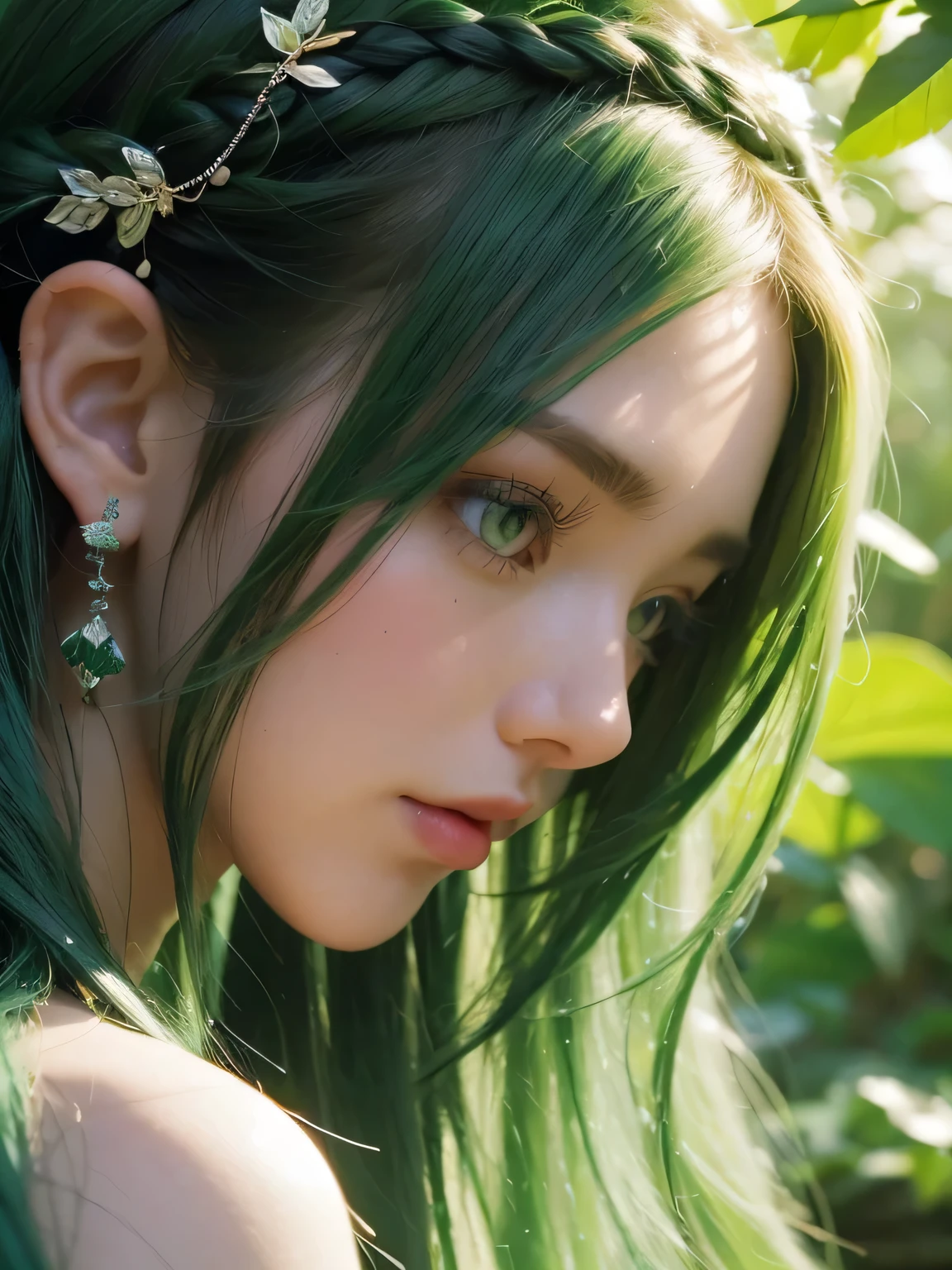 A fascinating and mysterious sorcerer emerges from the depths of a magical forest.., wears elaborate robes woven with intricate mystical symbols. dense tree々々Soft sunlight shines in, A mysterious appearance that emits a fascinating glow. 彼女の目は古generationの知恵と魔法で輝いています, Delicate ivy vines and bright flowers々々Intertwined with her flowing hair. in the background, Inhabited by mythical creatures and forest spirits,clavicle、earrings、necklace、emerald green hair、green eyes、 1 girl, delicate eyes, double eyelid,, necklace、close up of face、close up of face、２０generation、all green hair、green eyes、close up of face、elf ears、serious expression、eyes as big as possible&#39;I don&#39;t see their white people.、Brown headband、small multiple braids、different angles、