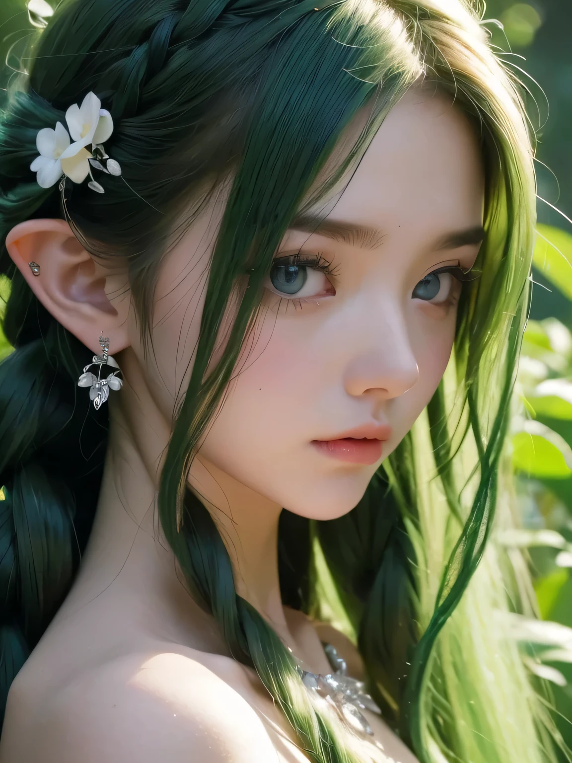 A fascinating and mysterious sorcerer emerges from the depths of a magical forest.., wears elaborate woven with intricate mystical symbols. dense tree々々Soft sunlight shines in, A mysterious appearance that emits a fascinating glow. 彼女の目は古generationの知恵と魔法で輝いています, Delicate ivy vines and bright flowers々々Intertwined with her flowing hair. in the background, Inhabited by mythical creatures and forest spirits,clavicle、earrings、necklace、emerald green hair、green eyes、 1 girl, delicate eyes, double eyelid,, necklace、close up of face、close up of face、20generation、all green hair、green eyes、close up of face、elf ears、serious expression、eyes as big as possible'I don't see their white people.、Brown headband、small multiple braids、from the front、