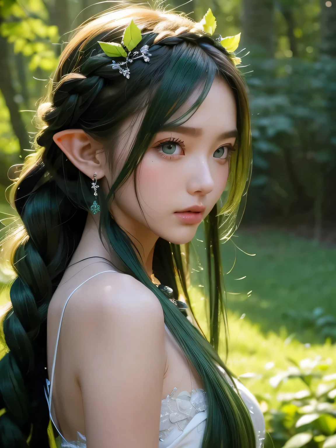 A fascinating and mysterious sorcerer emerges from the depths of a magical forest.., wears elaborate robes woven with intricate mystical symbols. dense tree々々Soft sunlight shines in, A mysterious appearance that emits a fascinating glow. 彼女の目は古generationの知恵と魔法で輝いています, Delicate ivy vines and bright flowers々々Intertwined with her flowing hair. in the background, Inhabited by mythical creatures and forest spirits,clavicle、earrings、necklace、emerald green hair、green eyes、 1 girl, delicate eyes, double eyelid,, necklace、close up of face、close up of face、２０generation、all green hair、green eyes、close up of face、elf ears、serious expression、eyes as big as possible&#39;I don&#39;t see their white people.、Brown headband、small multiple braids、from the front、