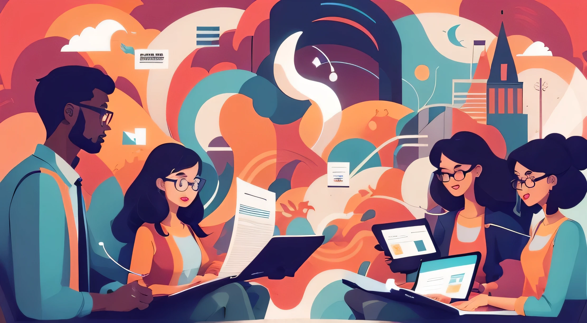 a group of people sitting around a laptop computer with a city in the background, illustration style, flat illustration, editorial illustration colorful, colorful illustration, in style of digital illustration, digital art illustration, illustrative style, shaded flat illustration, modern illustration, stylized digital illustration, corporate animation style, stylized illustration, digital 2d illustration, animation illustrative style