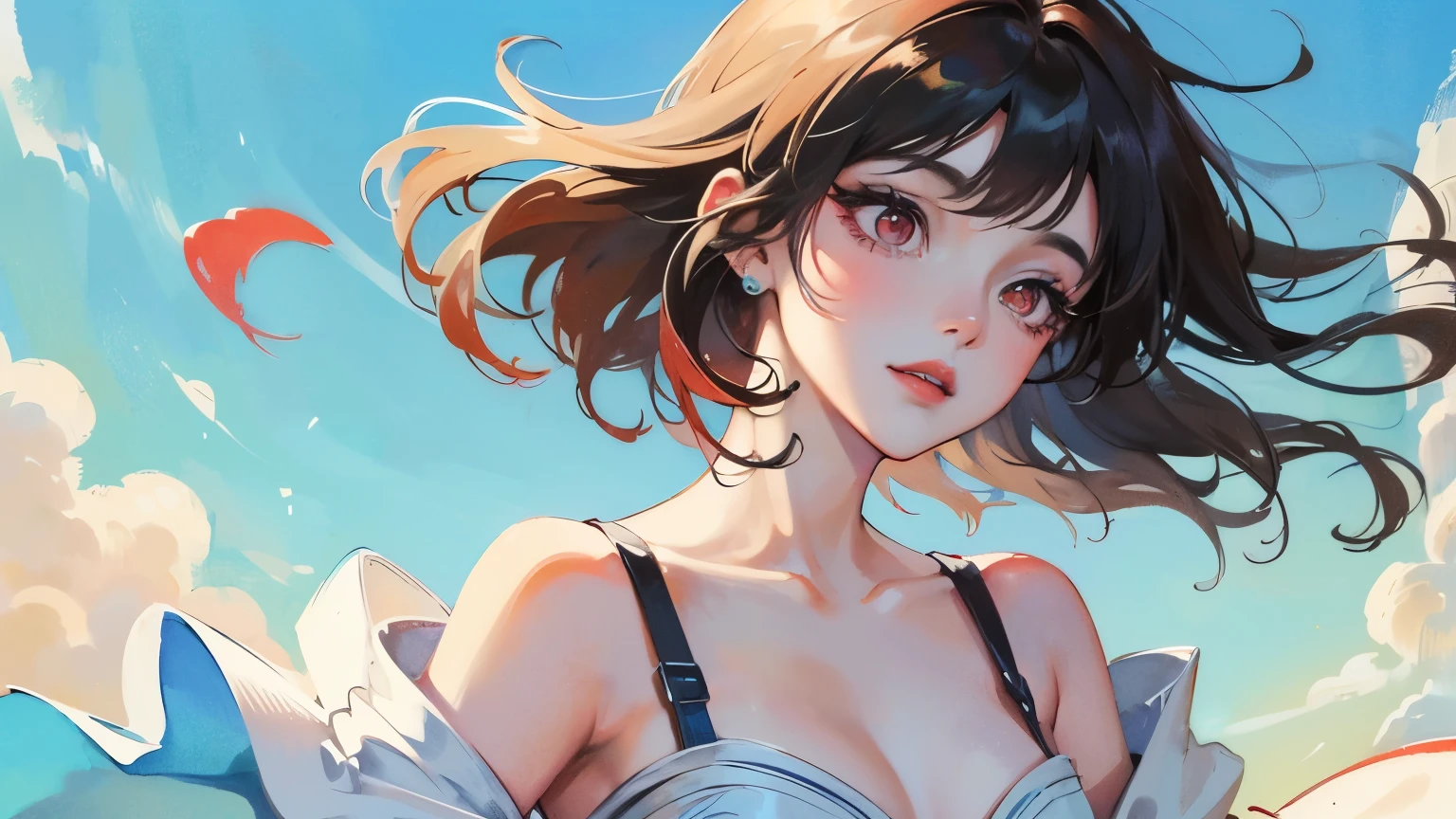 young girl black hair short hair red eyes irreverent face look down thin body thin thighs small breasts small ass toned body blue sky cloud hair blowing in the wind high quality High resolution 8k vampire watercolor natural feel bridge of the nose ((最high quality)), ((masterpiece)), (get used to it), dignified face grassland close up of face Beautiful as a goddess whole face lipstick eye shadow naked ID photo style long eyelashes Accurate No decoration Bare skin No accessories In underwear 8 life size can'I can' landscape painting See-through Creative Princess Peach