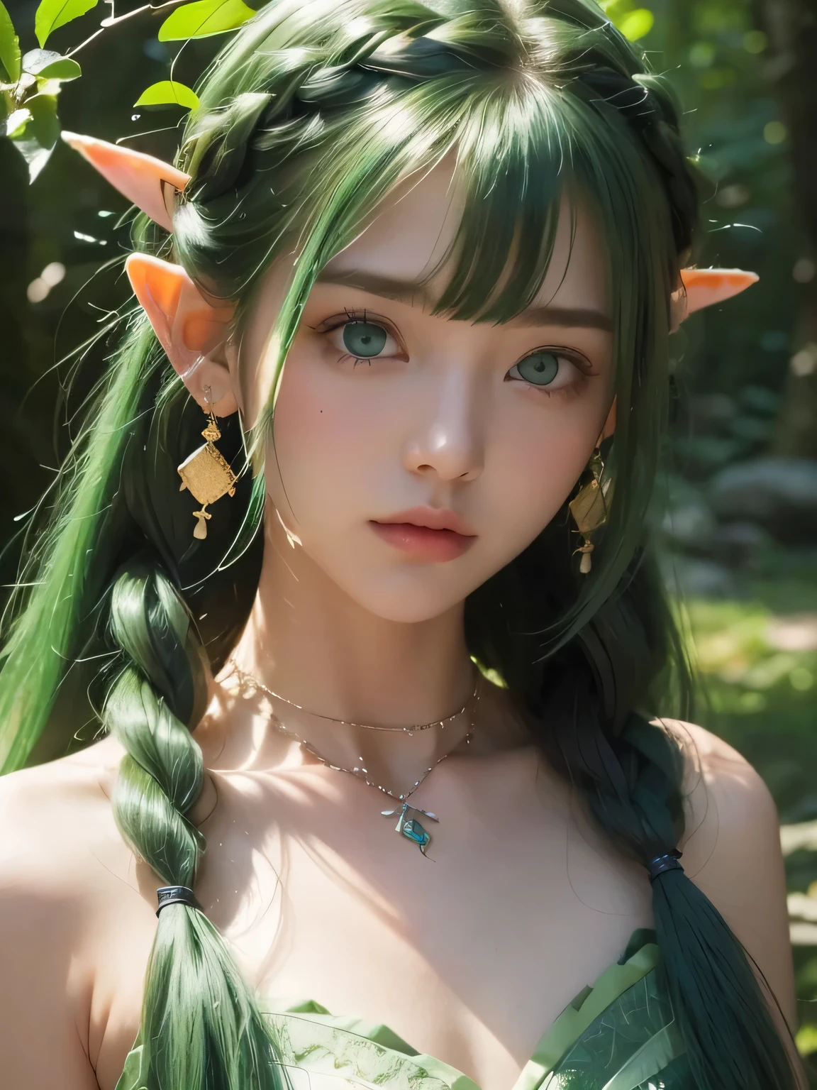 A fascinating and mysterious sorcerer emerges from the depths of a magical forest.., wears elaborate robes woven with intricate mystical symbols. dense tree々々Soft sunlight shines in, A mysterious appearance that emits a fascinating glow. 彼女の目は古generationの知恵と魔法で輝いています, Delicate ivy vines and bright flowers々々Intertwined with her flowing hair. in the background, Inhabited by mythical creatures and forest spirits,clavicle、earrings、necklace、emerald green hair、green eyes、 1 girl, delicate eyes, double eyelid,, necklace、close up of face、close up of face、２０generation、all green hair、green eyes、close up of face、elf ears、serious expression、eyes as big as possible&#39;I don&#39;t see their white people.、Brown headband、small multiple braids、random pose、