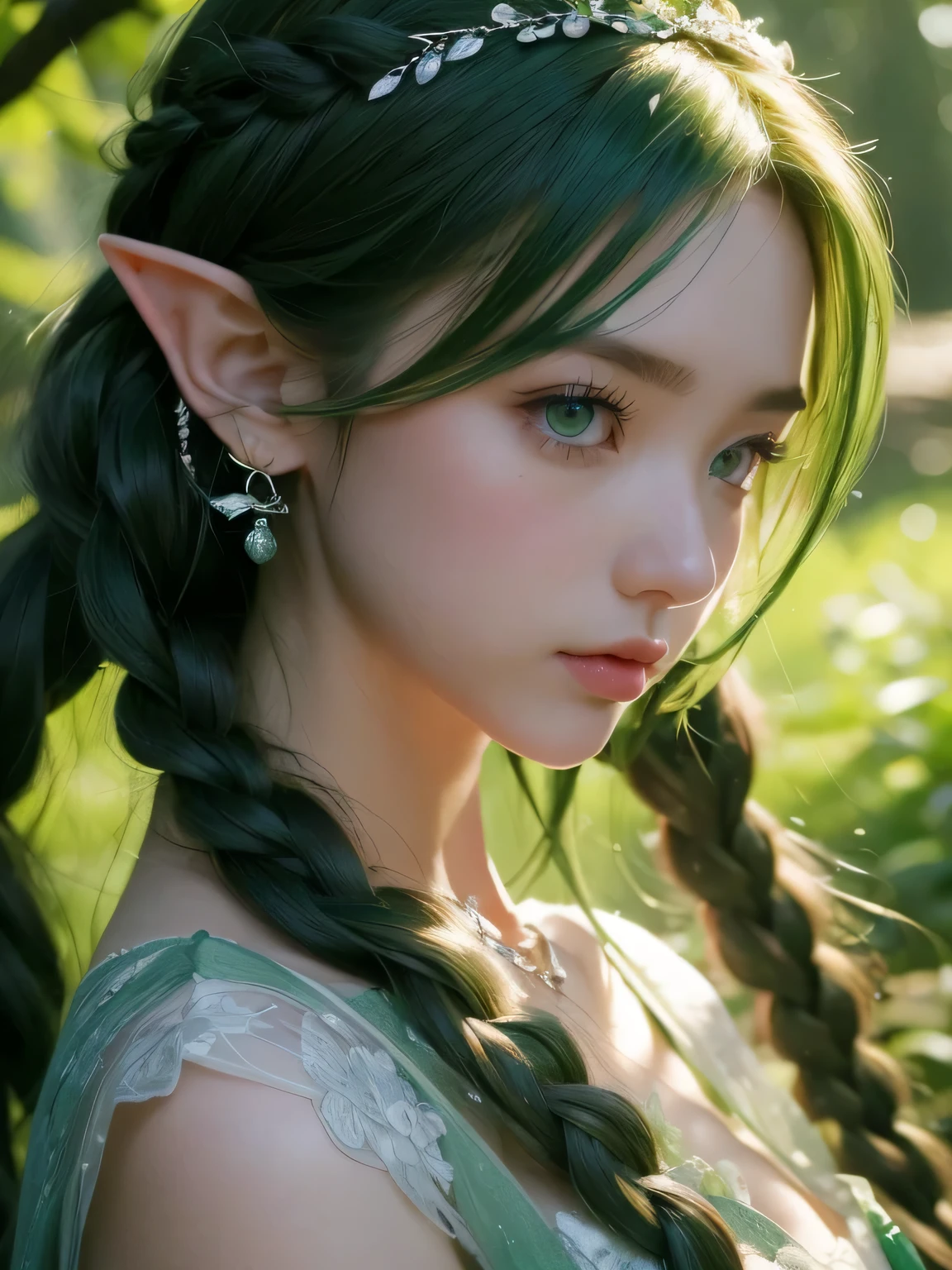 A fascinating and mysterious sorcerer emerges from the depths of a magical forest.., wears elaborate robes woven with intricate mystical symbols. dense tree々々Soft sunlight shines in, A mysterious appearance that emits a fascinating glow. 彼女の目は古generationの知恵と魔法で輝いています, Delicate ivy vines and bright flowers々々Intertwined with her flowing hair. in the background, Inhabited by mythical creatures and forest spirits,clavicle、earrings、necklace、emerald green hair、green eyes、 1 girl, delicate eyes, double eyelid,, necklace、close up of face、close up of face、２０generation、all green hair、green eyes、close up of face、elf ears、serious expression、eyes as big as possible&#39;I don&#39;t see their white people.、Brown headband、small multiple braids、random pose、