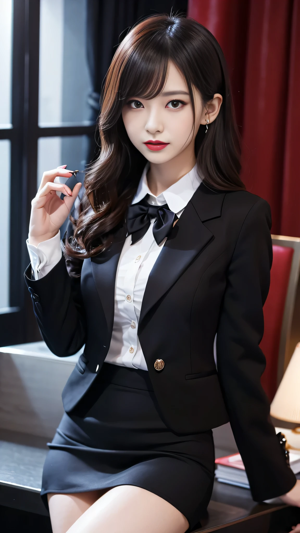Super detailed、Japanese、charming beauty、seductive adult woman、Beautiful woman、sharp eyes、cool girl、wavy hair、flowing bangs、suit、Jacket、blouse、Tight Skirt、Lustrous legs、evilの幹部、evil depravity、brainwashing、Mind control、lipstick、grin、evilな表情、evil、empty eyes、evil、night office、vampire、vampire、Hypnosis、brainwashinging