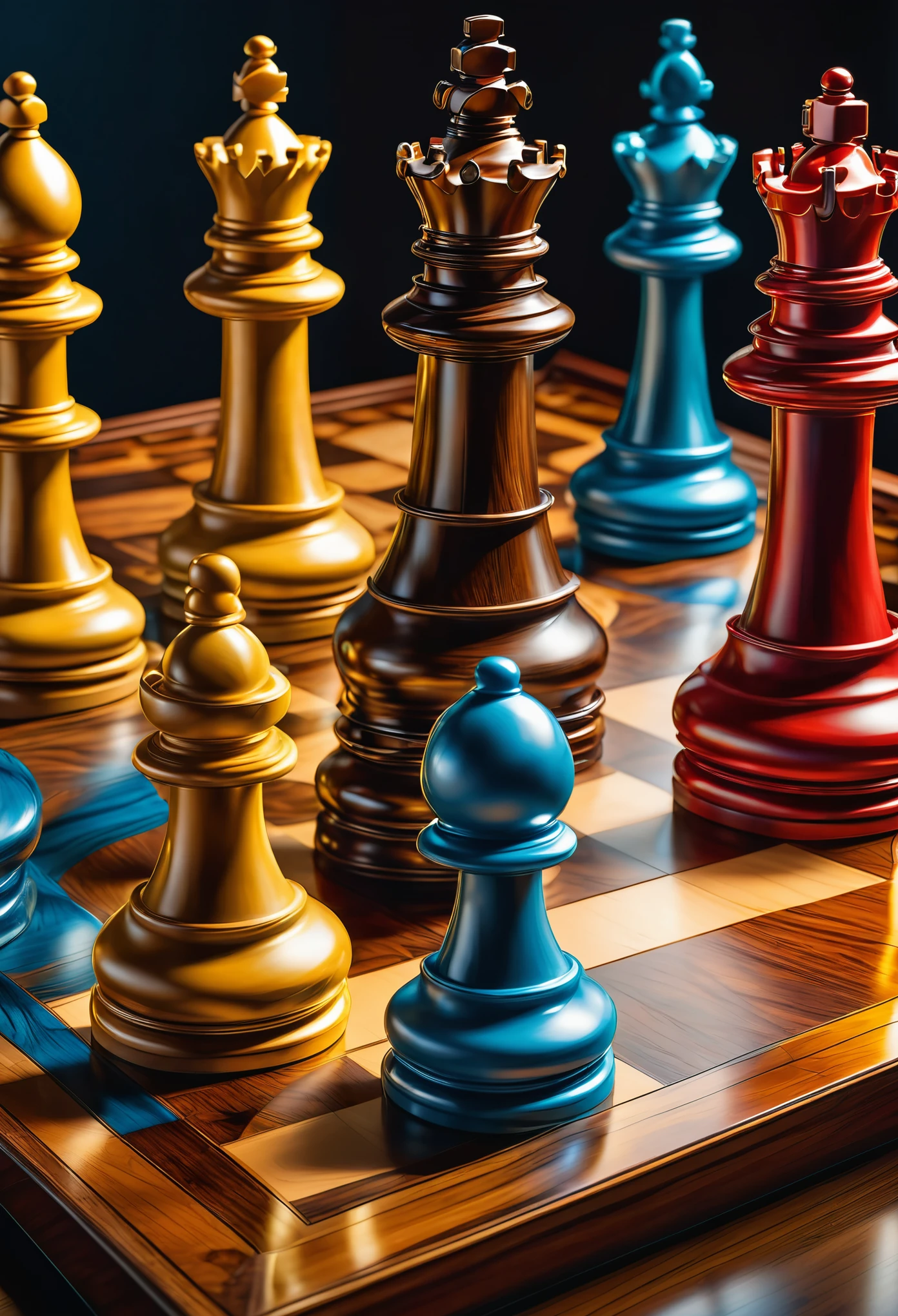 best quality,ultra-detailed,realistic chess board and pieces,artistic hand-painted style,vivid colors,studio lighting,sharp focus,professional,classic and elegant,three-dimensional pieces,ornate wooden board,exquisite metallic details,subtle shadows and reflections,perfect symmetrical arrangement,delicate engravings on the pieces,dramatic composition and perspective,highly polished surface,masterpiece:1.2,meticulously crafted details,professional photographers,precise shading and highlighting,impressive depth and dimension,awe-inspiring precision and accuracy,impressive intensity and clarity,artwork that showcases the beauty and complexity of the game of chess.