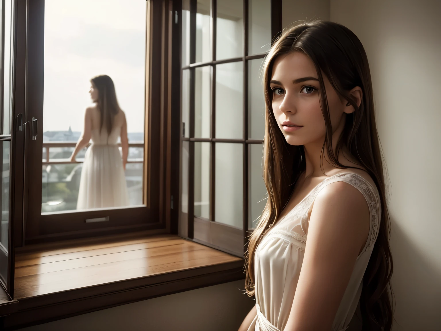 (Best quality:1.5), high quality, realistic, detailed, ((European appearance)), (whole body)beautiful facial features, young woman, long hair,(brunette), in a dress, translucent, In the room, Modern design, , looking out the window, cinematic lighting,