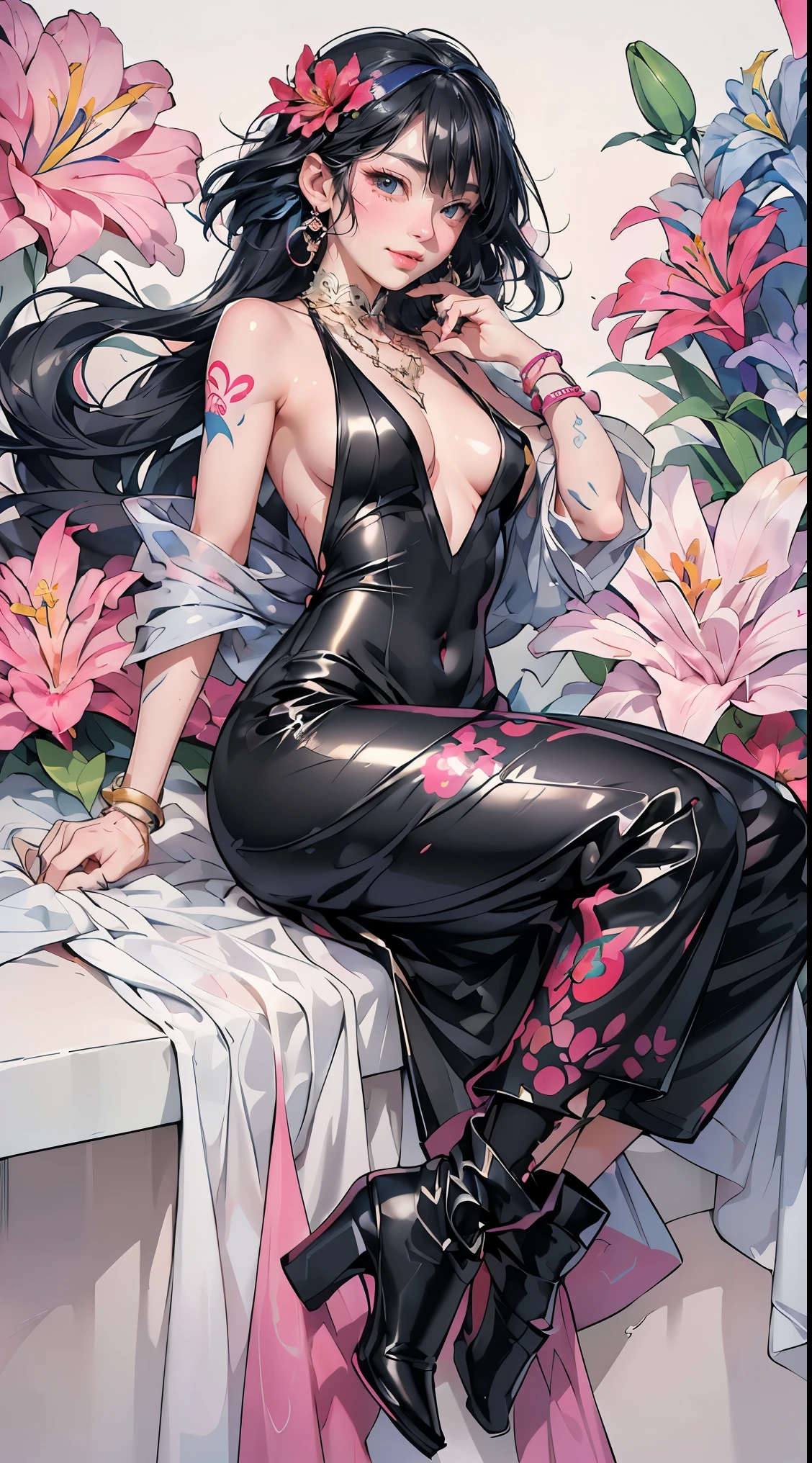 ((Create MaxZenArt!))_((Alone, 1 girl, tattoos, glowing tattoos, shiny eyes, white- fluffy), (sci-fi), (full body lesbian), Sexy topless), (black transparent clothes- dress), (boots-bangs, heels, footwear), (sexy, erotic))_((Soft scarlet lips), (straight black hair - long, highlights, blue, cascading), (multi-colored shining hair), ( cool glitter, wet straight hair))_((Simple color palettes), (pastel colors, kawaii, cute colors, clean), (metaphysics-cyberpunk))_((Sexy, erotic, nsfw), (simple, minimal accessories), ( necklaces and thin rings in silver or gold), (simple bracelets, distinctive designs, simple silhouettes), (simple and erotic style))_((Background),(abstract-minimalism), (fresh, color wash, broad stroke) , (stunning cybernetic flowers), (lilies, extremely unusual, long stems - large stems))