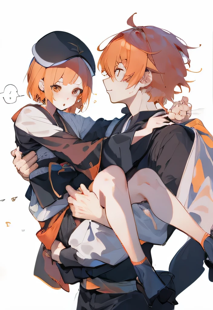 portrait of two people，Princess hug，strong light and shadow，Japanese manga style，best quality，colorful，Orange short hair，4K，delicate face