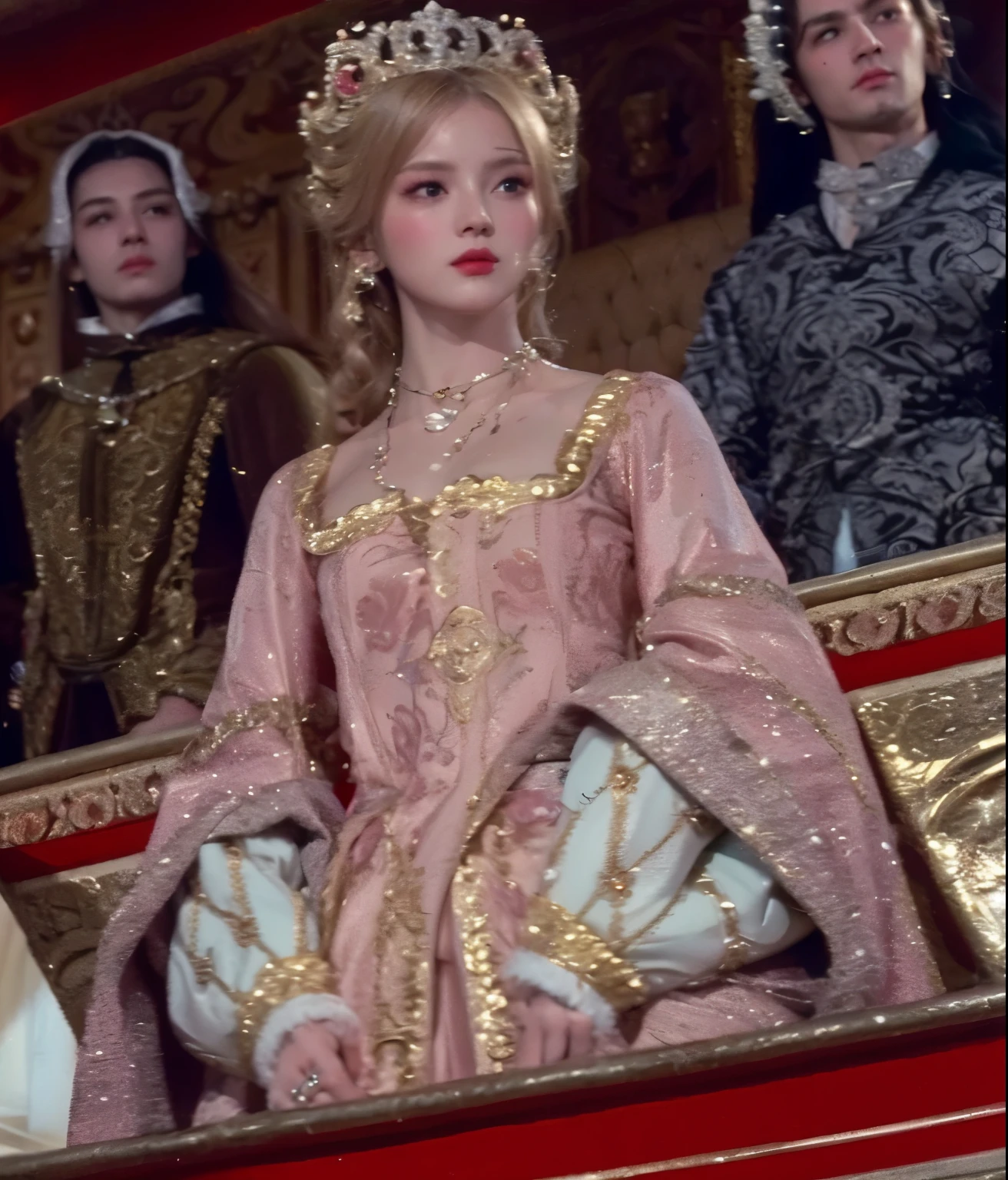 Best quality, Perfect face, renaissance princess, blond long hair, dark eye color, bright skin, a slim body, Luxurious outfit, shades of pink, chiseled features, mestizo, a lot of decorations