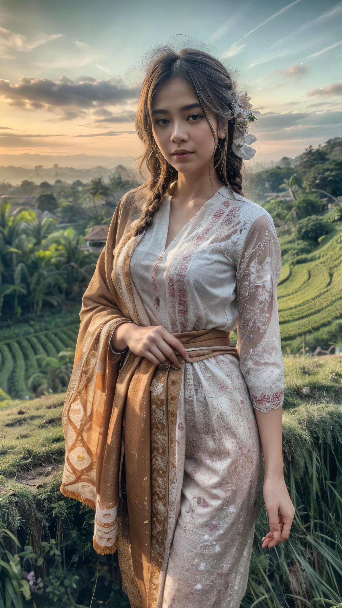 (best quality,highres,realistic:1.37),Portrait,Close-up,Girl from Javanese village with braided bangs, wearing kebaya, walking in the rice field, on a bright morning,traditional attire,elegant,serene face,sparkling brown eyes,delicate curls,khaki kebaya adorned with intricate floral patterns,glossy fabrics,flawlessly braided hair,gleaming in the sunlight,dewdrops on the crops,verdant greenery,resplendent sunrise painting the sky in shades of pink and orange,gentle breeze caressing her face,beautifully handcrafted traditional accessories,graceful strides,peaceful ambiance,tranquil surroundings,cascading rice terraces,serene beauty of nature,harmony between human and environment,vibrant bird songs,scenic vista,ethereal light permeating the atmosphere,pure,soft daylight casting a warm glow,dew-kissed landscape,joyful chorus of frogs,aesthetic harmony between the girl and her surroundings,natural tranquility,enchanting portrait encapsulating the essence of Javanese culture.