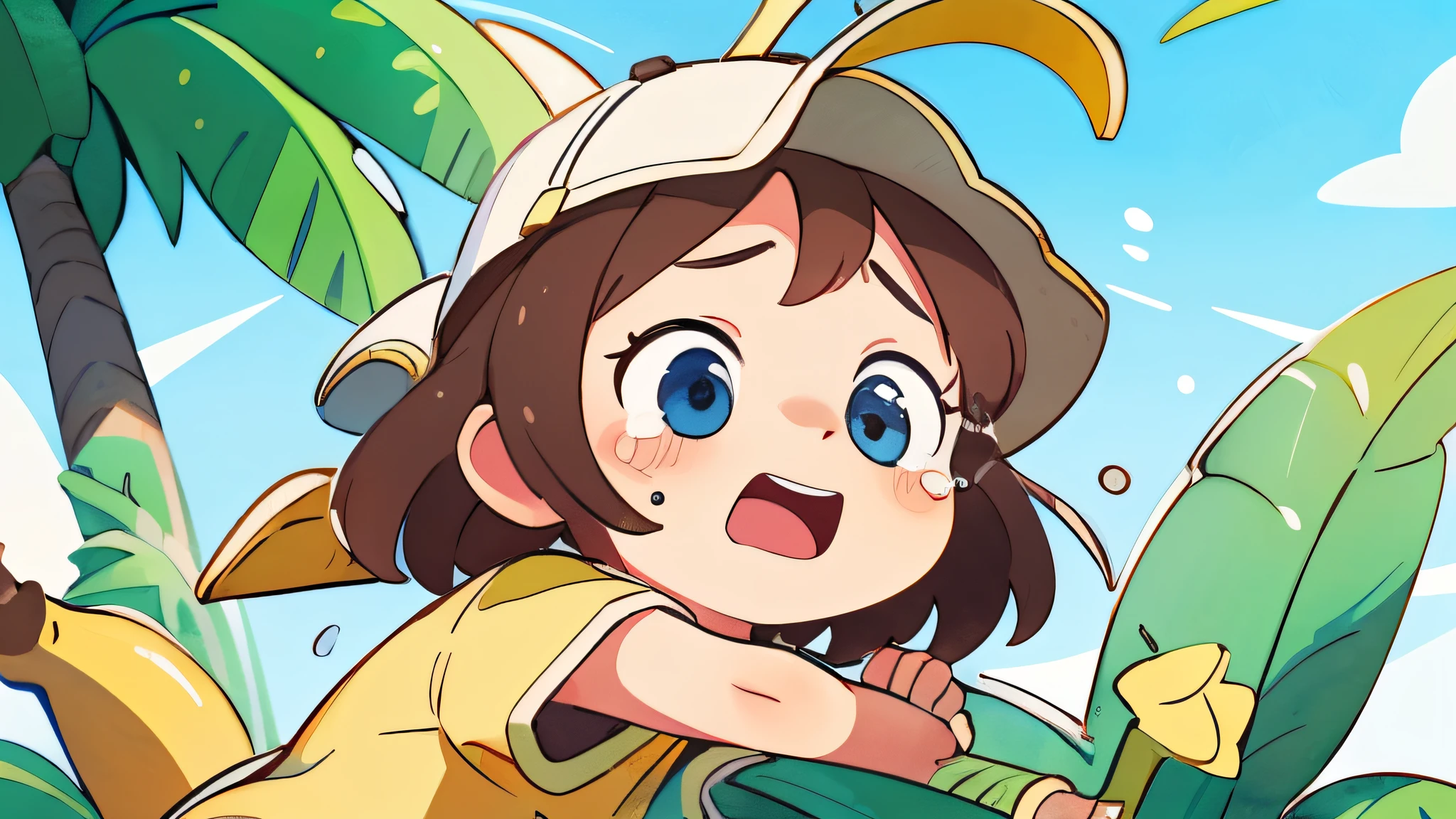 emoji tears, emoji crying, tears, blue tears, sad, banana hat, bananas background pattern, banana tree, blueish background, high detailed, fornite banana costume, shooting, explosion, high contrast, high saturation, guns, bananas, crying, big eyes, in a close view, front, girly brown hair, blue eyes