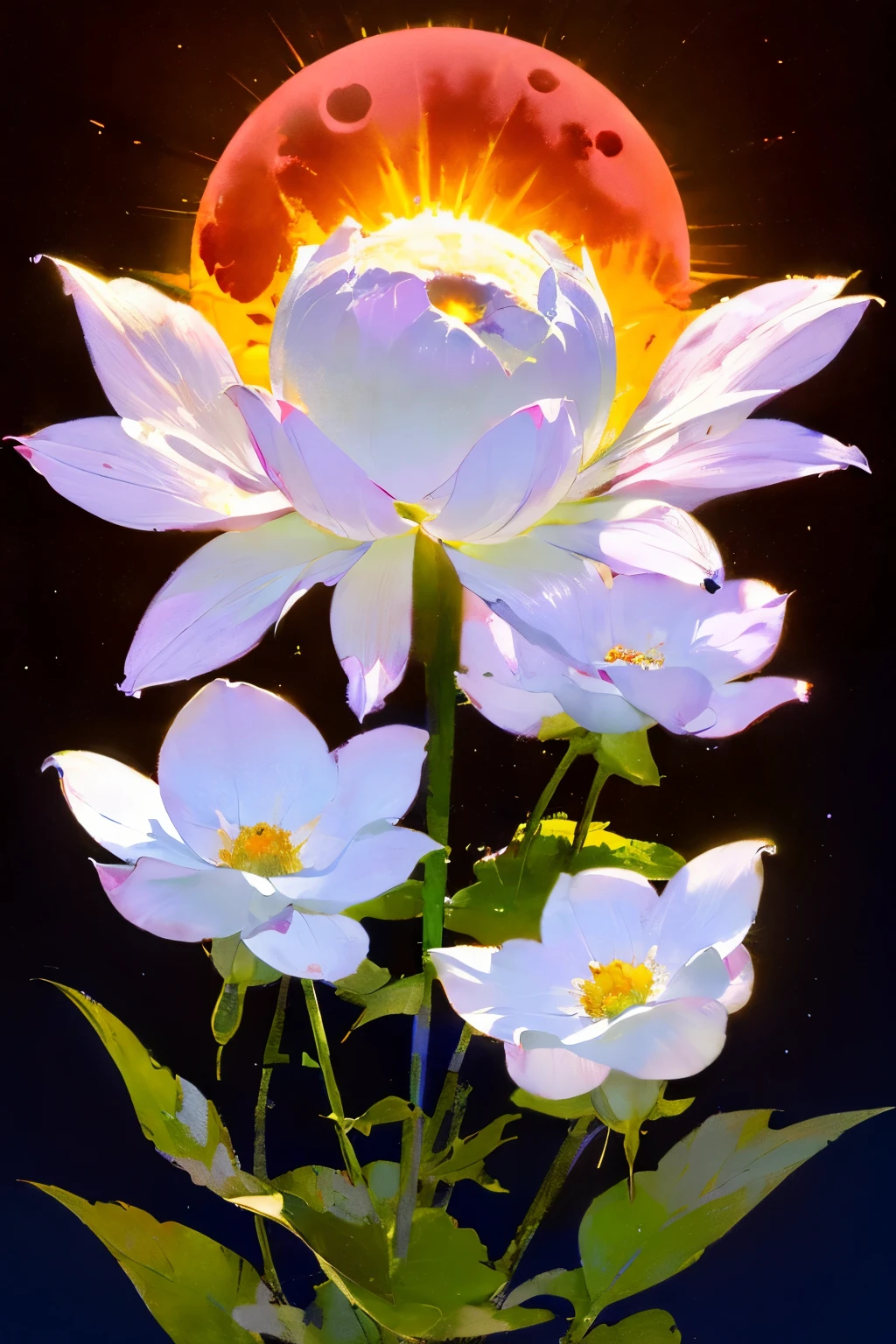 (red colored background), eclipse, (all_white_flower) shiny, luminous_flower, beautiful, elegant, moonshine, moonlight, SCI-FI, fantasy, dreary, magnificent, fog, low key, at night, center resembling the Sun, (Exquisitely Detailed), Masterpiece, Best quality, official art, Unity 8k wallpaper, Ultra detailed,(Soft lighting), Cinematic light,