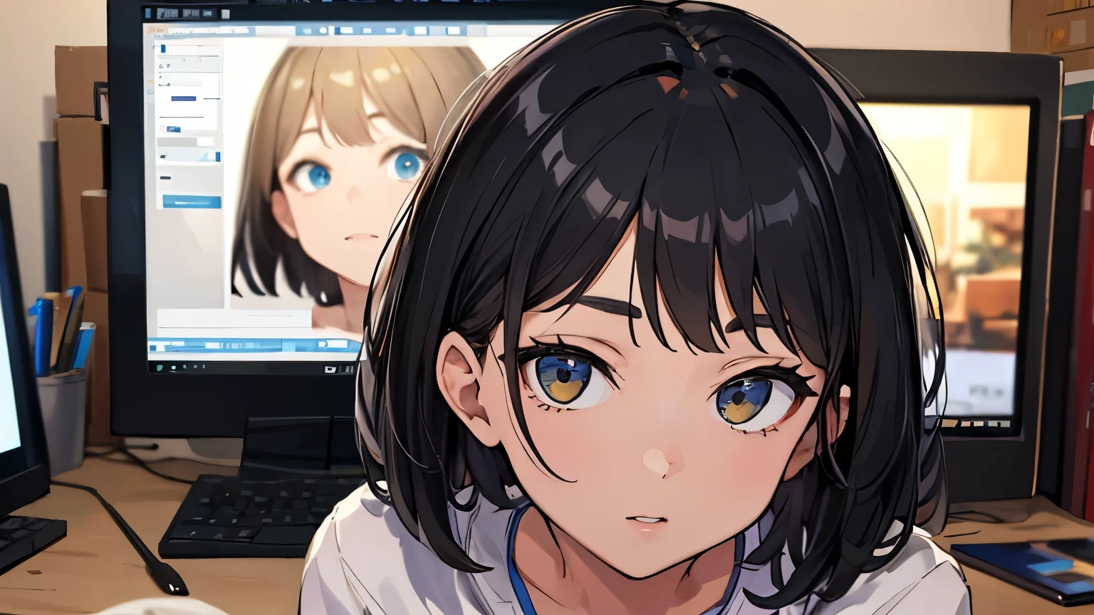 ((best quality)), ((masterpiece)), (detailed), perfect face,work on a computer,black hair,short
