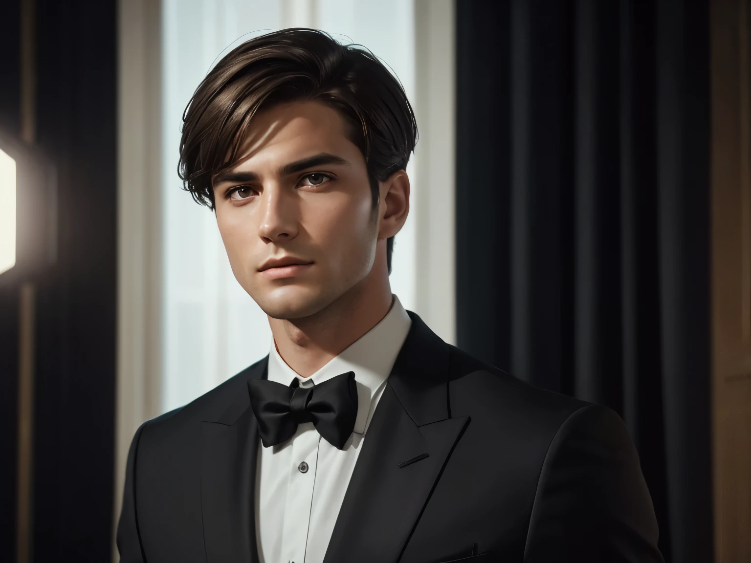 (Best quality:1.5), high quality, realistic, detailed, ((European appearance), (whole body)beautiful facial features, man, short hair,(brunette), in a black suit, In the room, Modern design, , I look at the viewer, cinematic lighting,