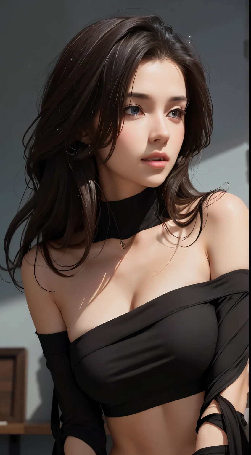 Skin Tight Black Top:1.2, Looking at Viewer, Cinematic lighting, Perfect, softlight, High resolution skin:1.2, Realistic skin texture, 30 years old mature woman、a small face、no-makeup、, off shoulders,Bust B Cup、 Exposed cleavage, Blue eyes, Short hair, dark brown  hair、fullnude、Gray background、